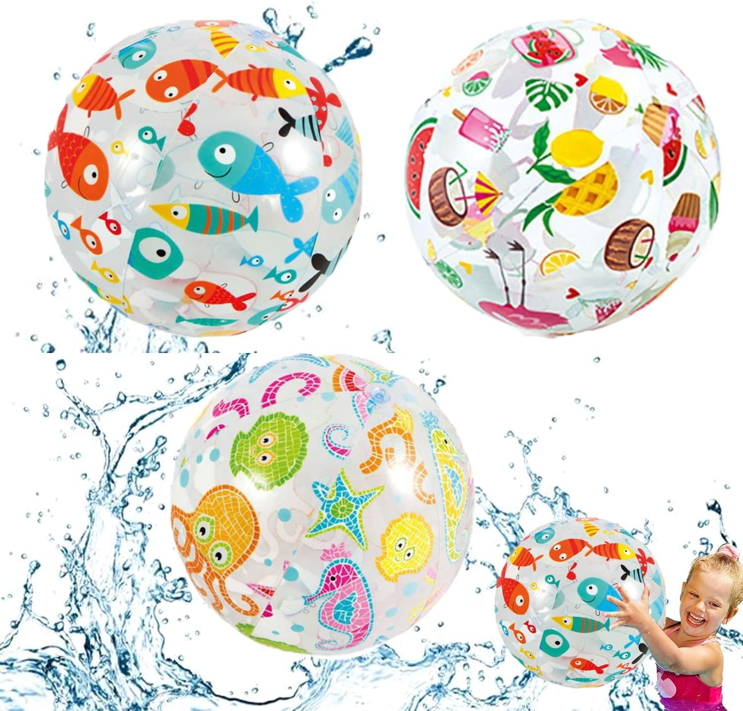3 Stück Aufblasbare Wasserball,3D strandball,Strandball mit Pumpe,PVC ...