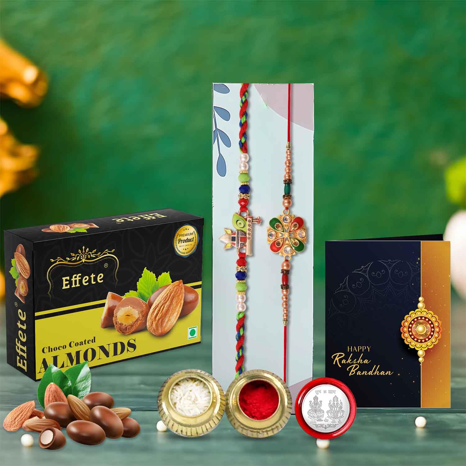 DeoDap (K2_299+304_CA32) Rakhi Combo with Chocolate Almonds 32gm| Rakhi for brother with gift | chocolate gift pack |rakhi with Chocolate Gift Hemper | Fancy Rakhi for men | Set of 2 |-image-31