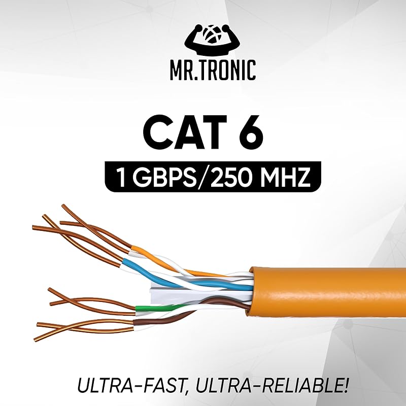 Mr. Tronic 100m Cat 6 Ethernet Hálózati Kábel, Gyors Internet Kapcsolathoz, AWG24, 1 Gbps, 250 MHz, UTP CCA, Narancssárga, Tömeges Kiszerelé
