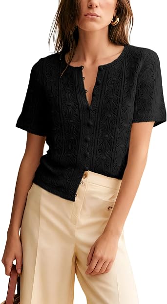 Bianstore Womens Casual Short Sleeve Crochet Knit Cardigans Lightweight Button Down Hollow Out Sweater TopsBlack-M