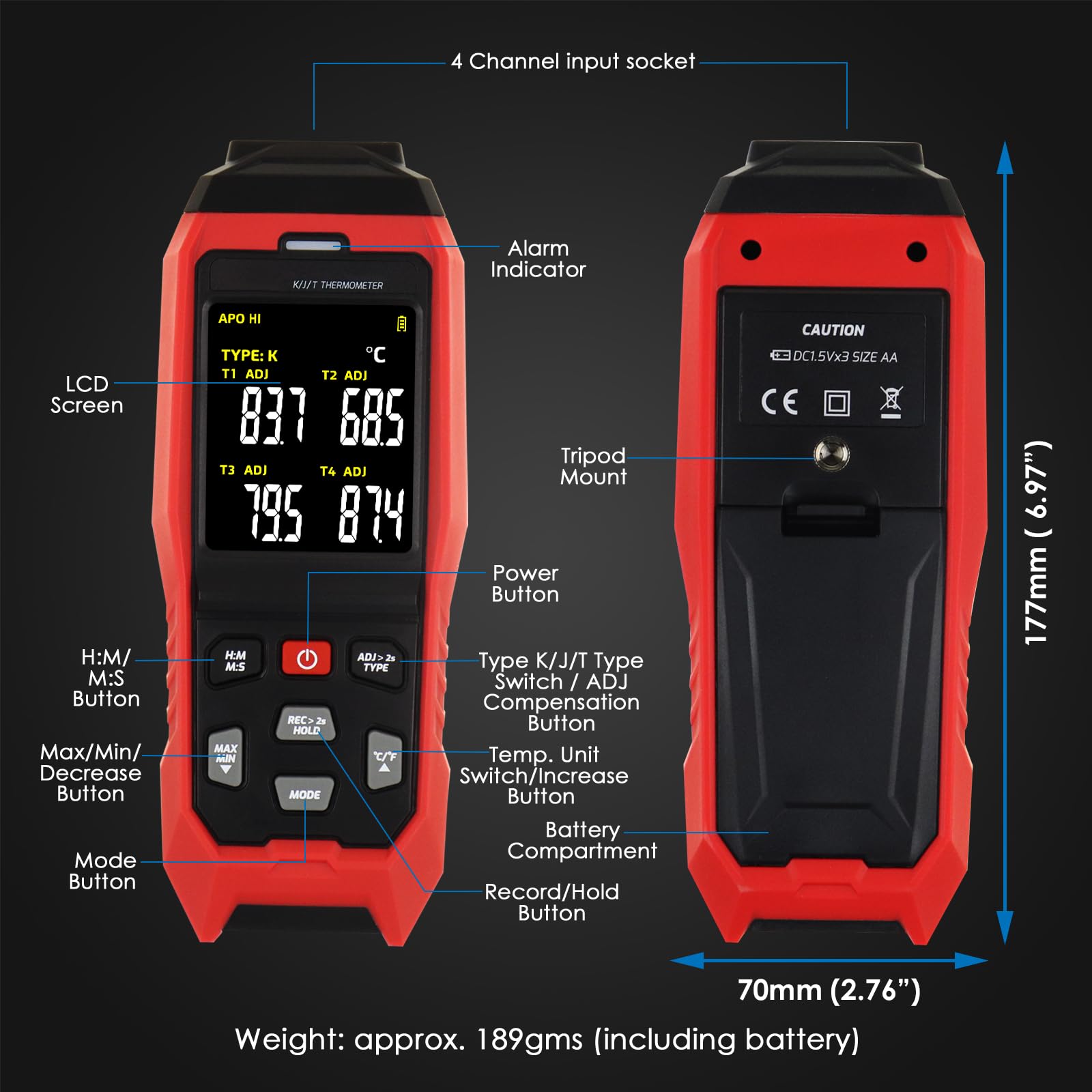 Termometro Datalogger Termocoppia K/J -328~2501°F, Display a 4 Canali, Registrazione Dati in Tempo Reale, Allarme Uditivo e Visivo