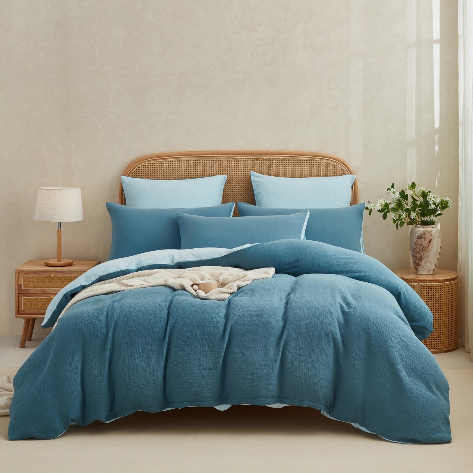 Boqingzhu Muslin Bettwäsche 135x200 cm Baumwolle Blau Dunkelblau Hellblau Sommerbettwäsche Leicht Kühlend Atmungsaktiv Wende Bettbezug Einzelbett und Kissenbezug mit Reißverschluss
