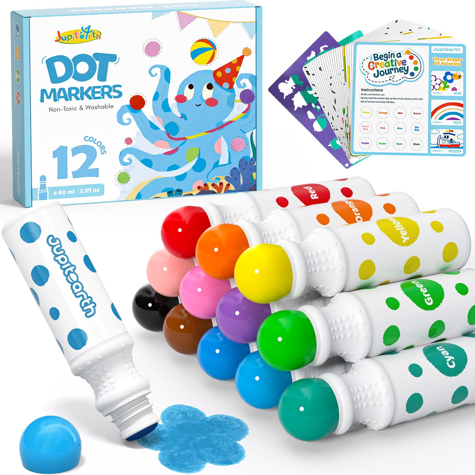 JUPITEARTH 38 PCS Dot Markers for Toddlers, 12 Colors Washable Bingo Daubers with 120 PDF & 24 Printed Activity Papers 2 Stencils, Non-Toxic Dot Paint for Toddler 1-3, Markers for Kid Arts and Crafts