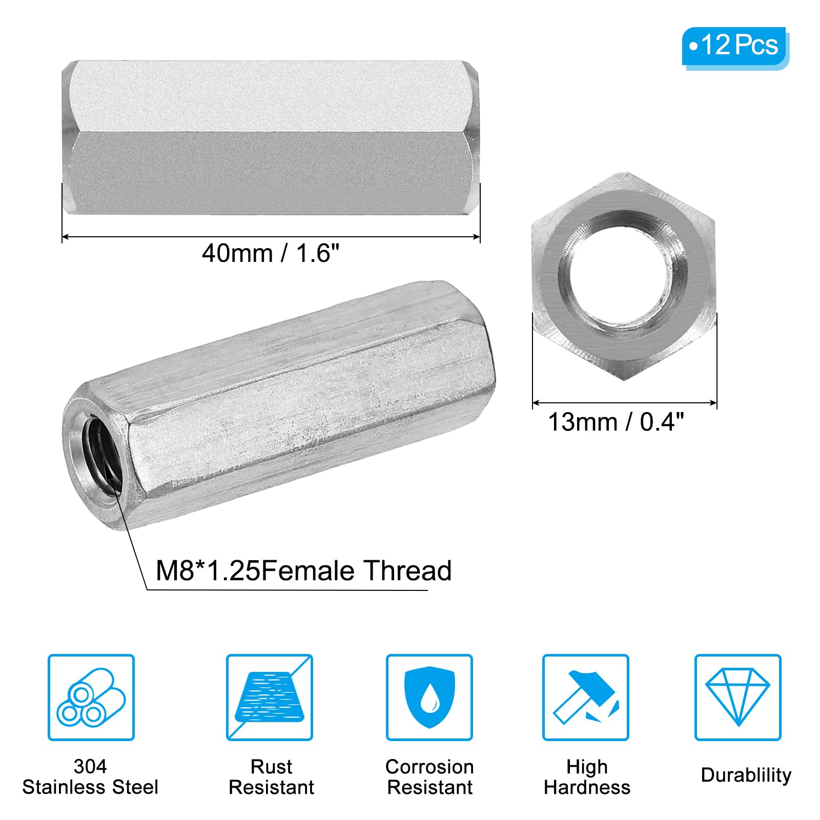 PATIKIL M8 x 1.25-Pitch 304 Stainless Steel Hex Coupling Nuts - Image 2