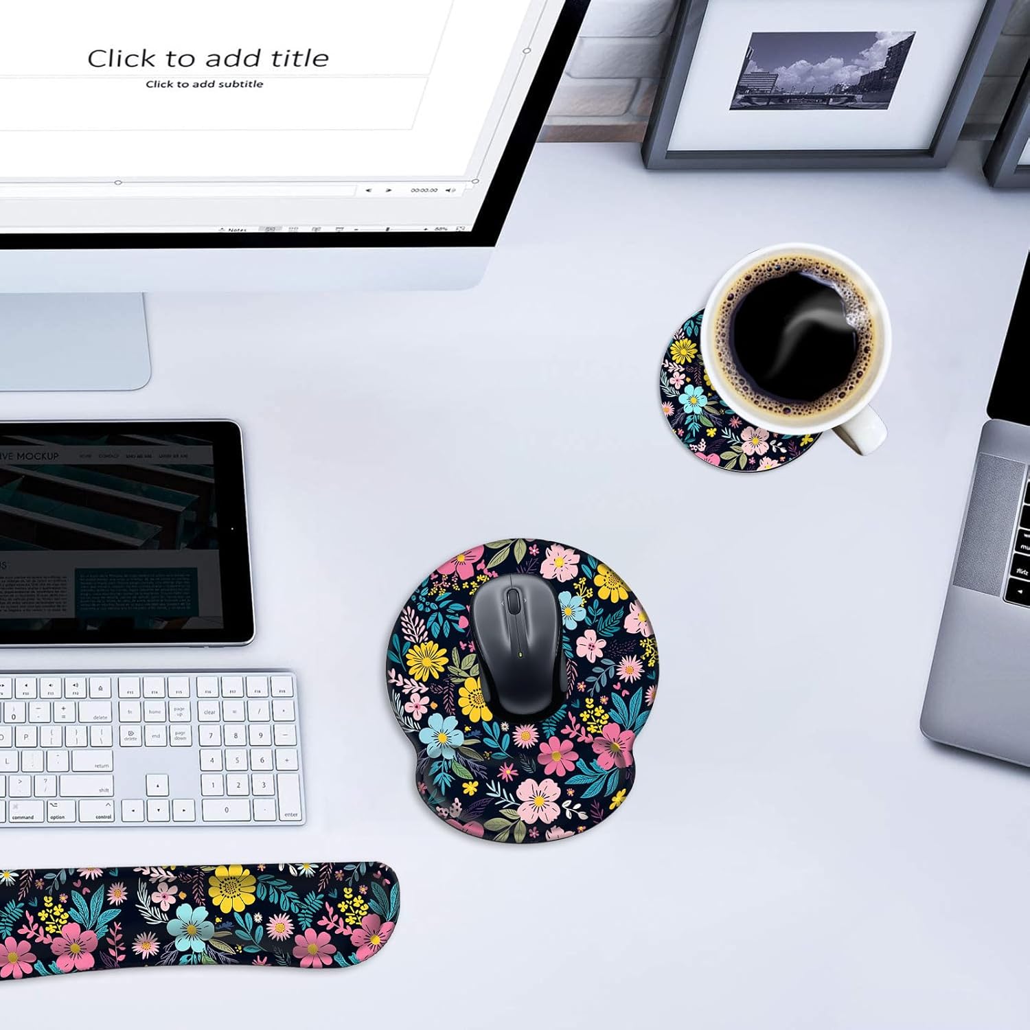 Mouse Pad Wrist Support and Keyboard Wrist Rest with Coaster,Non-Slip Rubber Base Ergonomic Gaming Mousepad for Home Office Working Studying Easy Typing & Pain Relief,Colorful Blooming Floral Flower