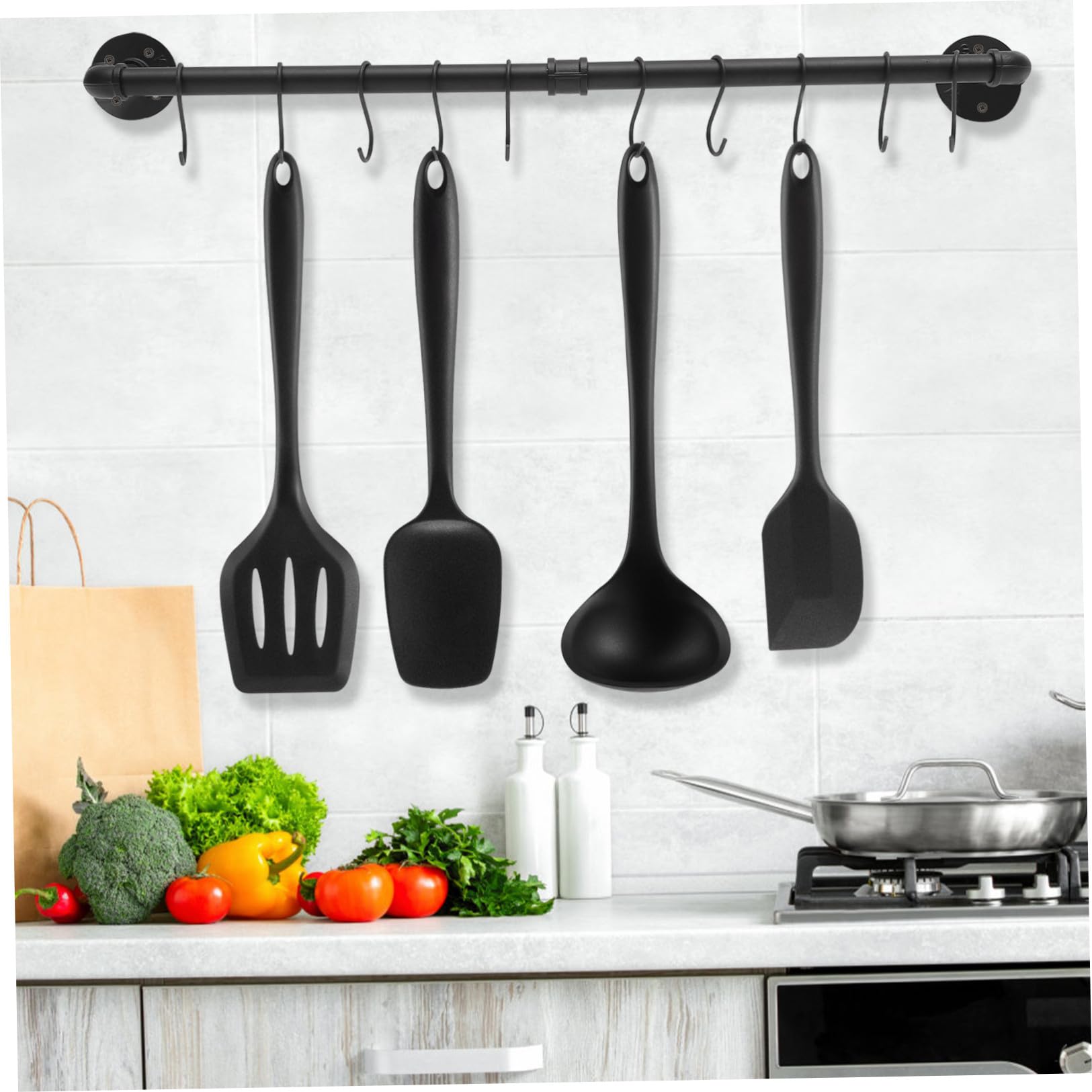 Support Suspendu Mural pour Casseroles et Poêles en Fer Noir, Étagère Murale Industrielle avec Crochets, Design Unique Cuisine la Maison