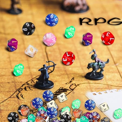 Miniatura 5 de Skylety Juego de 200 dados poliédricos con bolsa negra compatible con juegos de mesa RPG MTG, surtido multicolor (estilo de 10 caras)