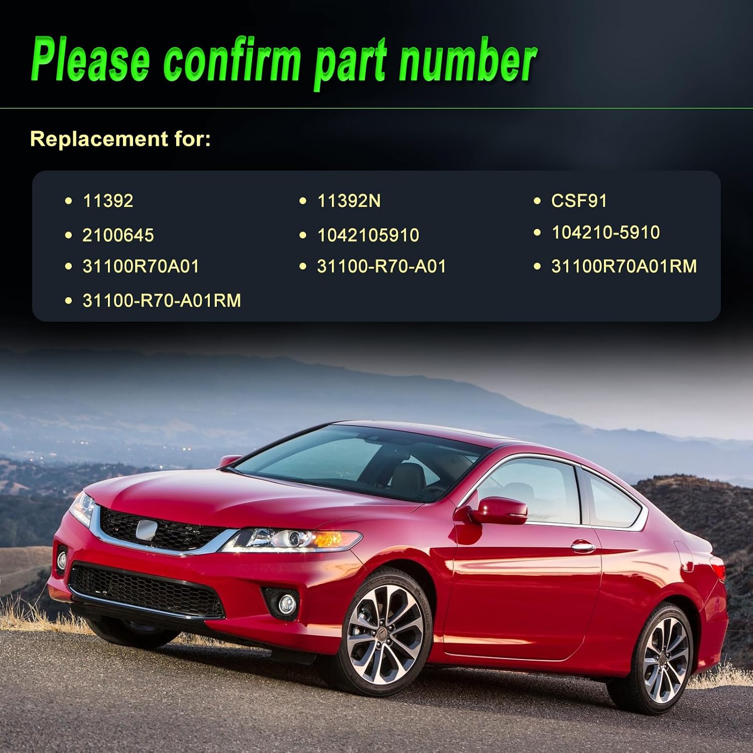 Condition photo showing New/Like New for alternator compatible with 2008-2012 accord 2010 accord crosstour 3.5l v6 replace for 11392 31100r70a01 2100645 1042105910