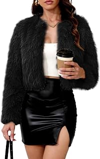 ELLEVEN Women's Cropped Faux Fur Coat - Fluffy Shaggy Open Front Jacket with Pockets for Fall Winter