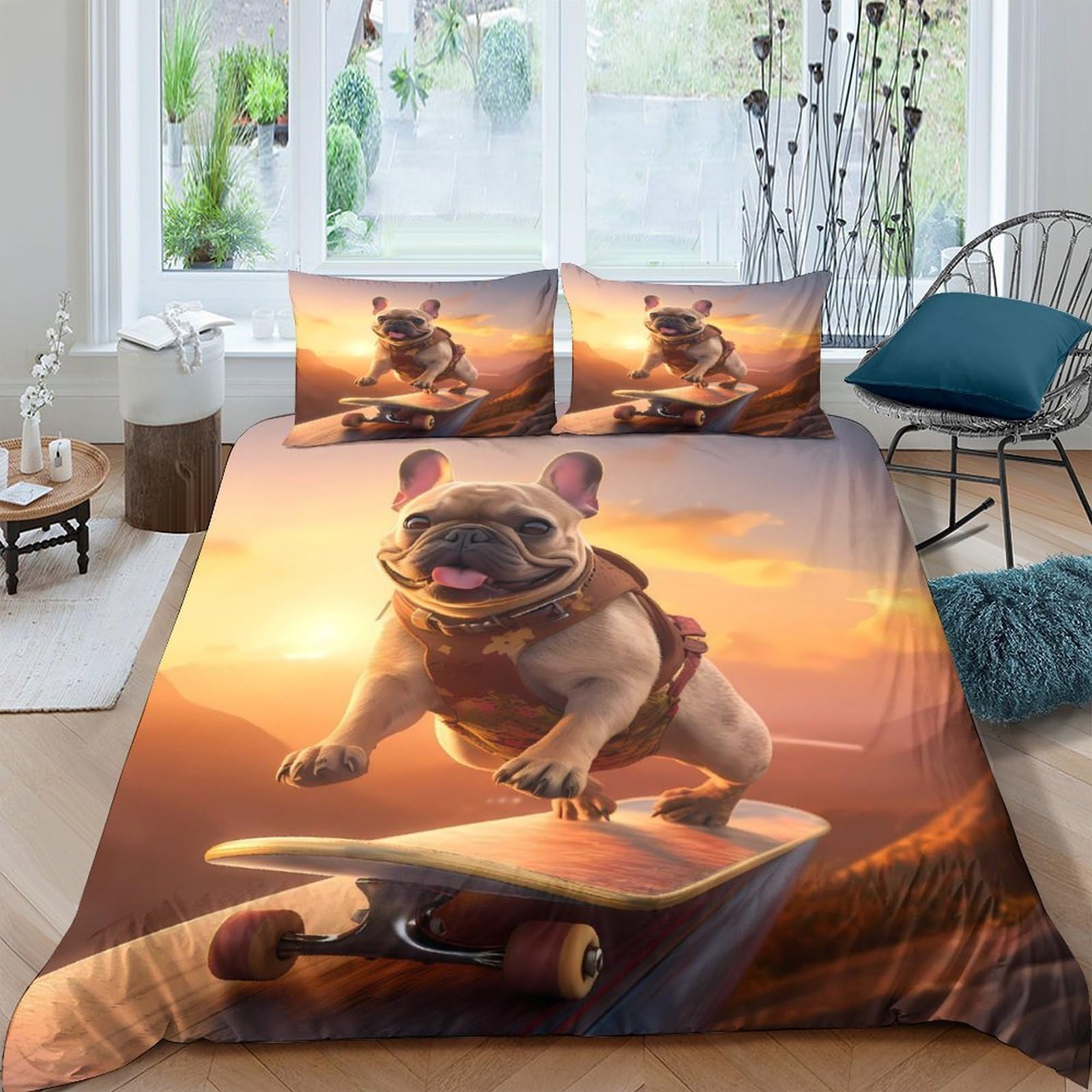 Ctjqhvkz Style-3 3D Printed Skateboarding Bulldog Fitted Sheet Microfiber Soft Art Bed Cover Dog Sunset Bedroom Decor Single（135X200cm）