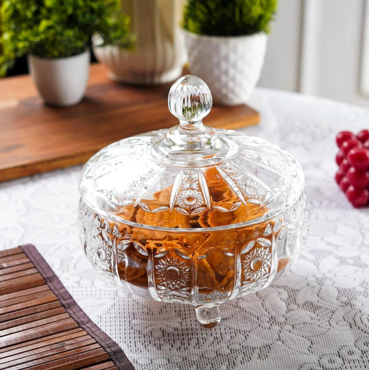 Crystal Glass Candy Jar with Lid set -1, Decorative Storage Container, Round Shape, Footed Base, Ornate Cut Glass Design (C12)