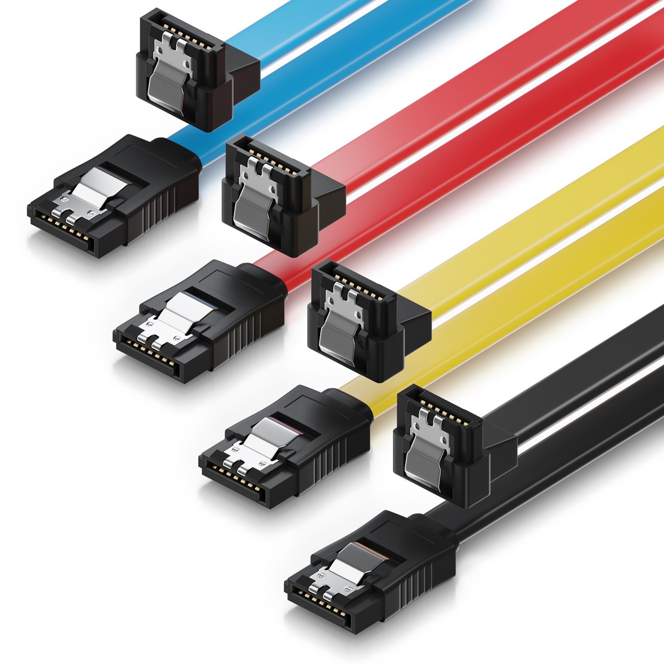 deleyCON Kabel SATA III 4 x 50 cm S-ATA 3 kabel do transmisji danych 6 Gbit/s kabel połączeniowy do HDD SSD - metalowy klips - 1 x prosta 1 x wtyczka typu L 90° - żółty/czerwony/niebieski/czarny