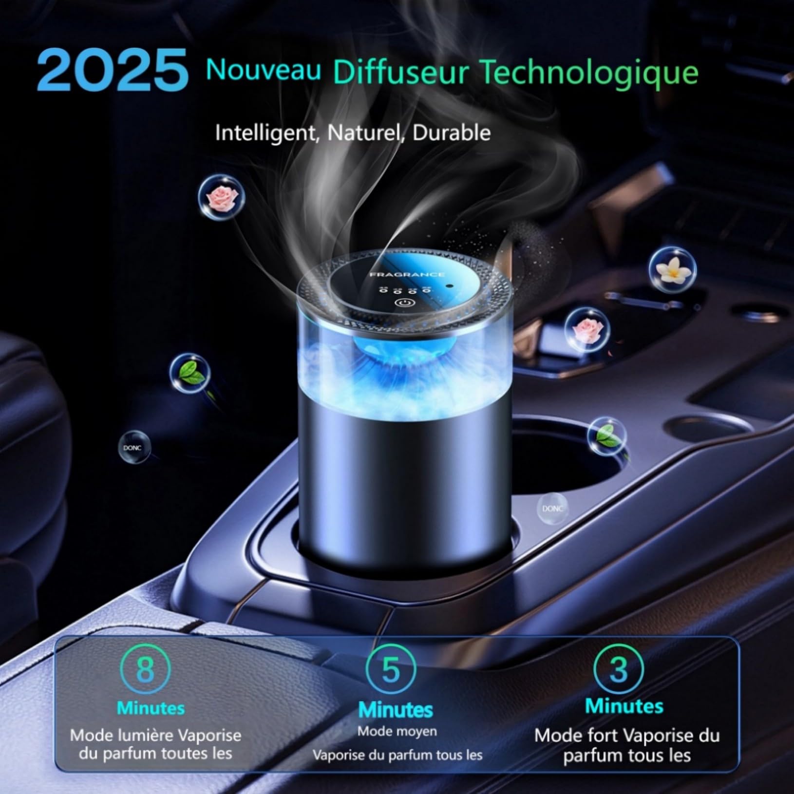 Diffuseur de Parfum pour Voiture Inspiré des Chutes d'eau 2025, avec 2 Parfums Français (Cologne & Marines), Auto ON/OFF, Nébuliseur à Ultrasons, 4 Modes, YWK-1