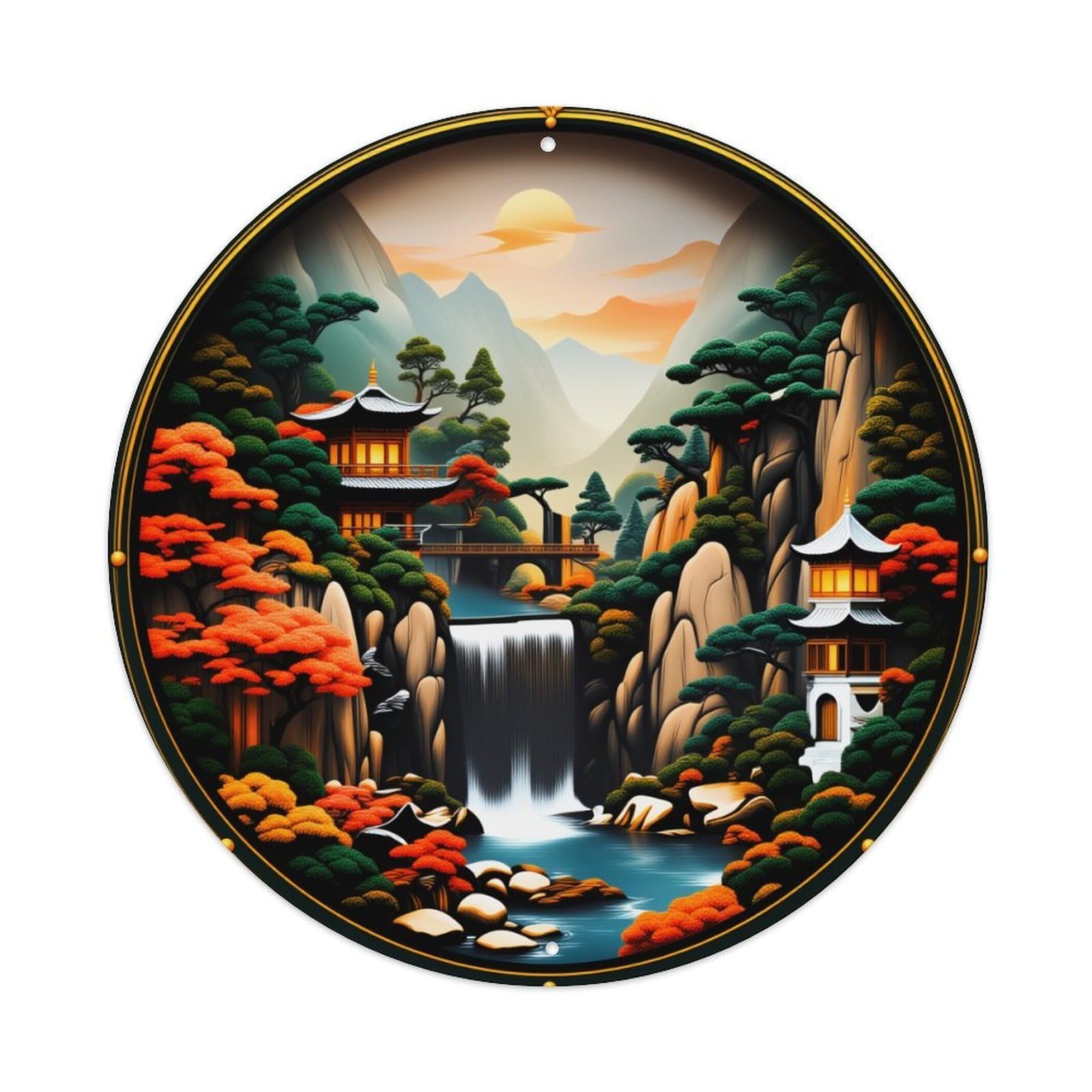 Wmlzdnwr Vintage Mountain Temple Waterfall Autumn Trees River Rocks Sunset Sky Landscape Round Tin Sign,Retro Wall Art,Metal Poster For Home, Bar, Garage, Cafe, Rustic Indoor & Outdoor Decor, 8X8 Inches