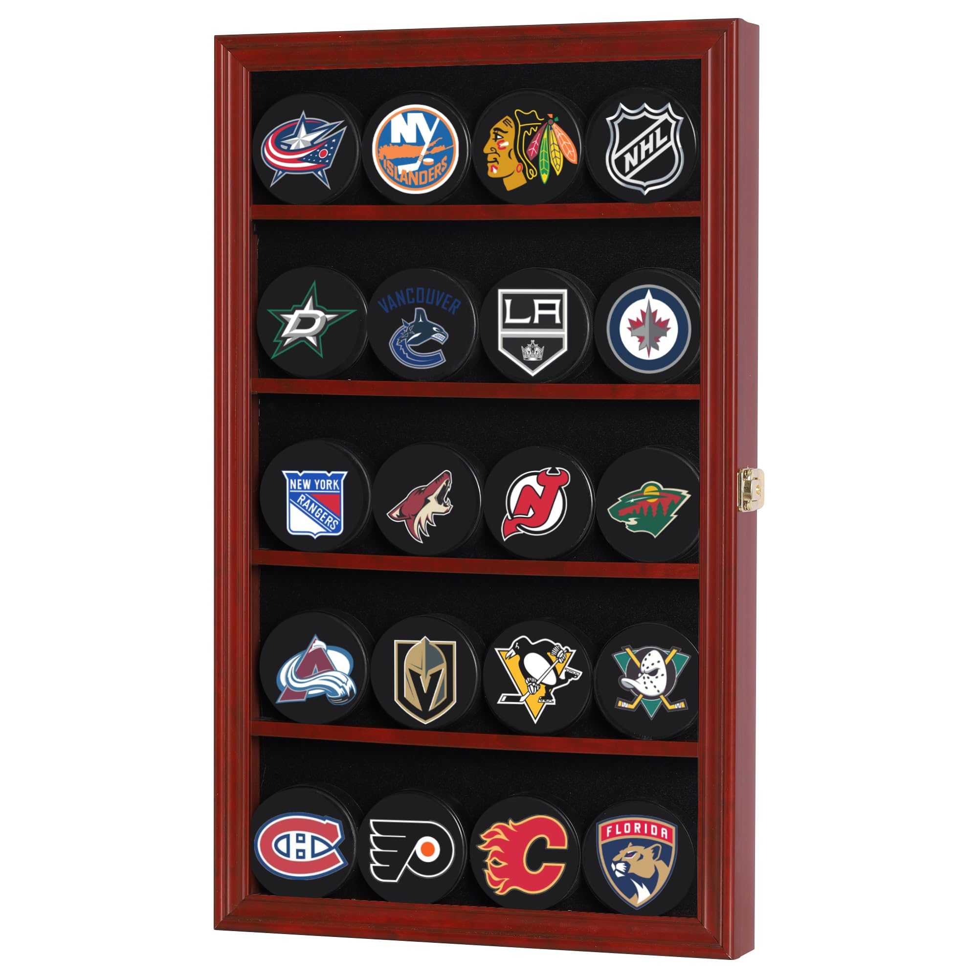 20 Hockey Puck Display Case Cabinet Holder Wall Rack 98% UV Protection Also Fits Pucks in Square Plastic Case (Mahogany Finish)