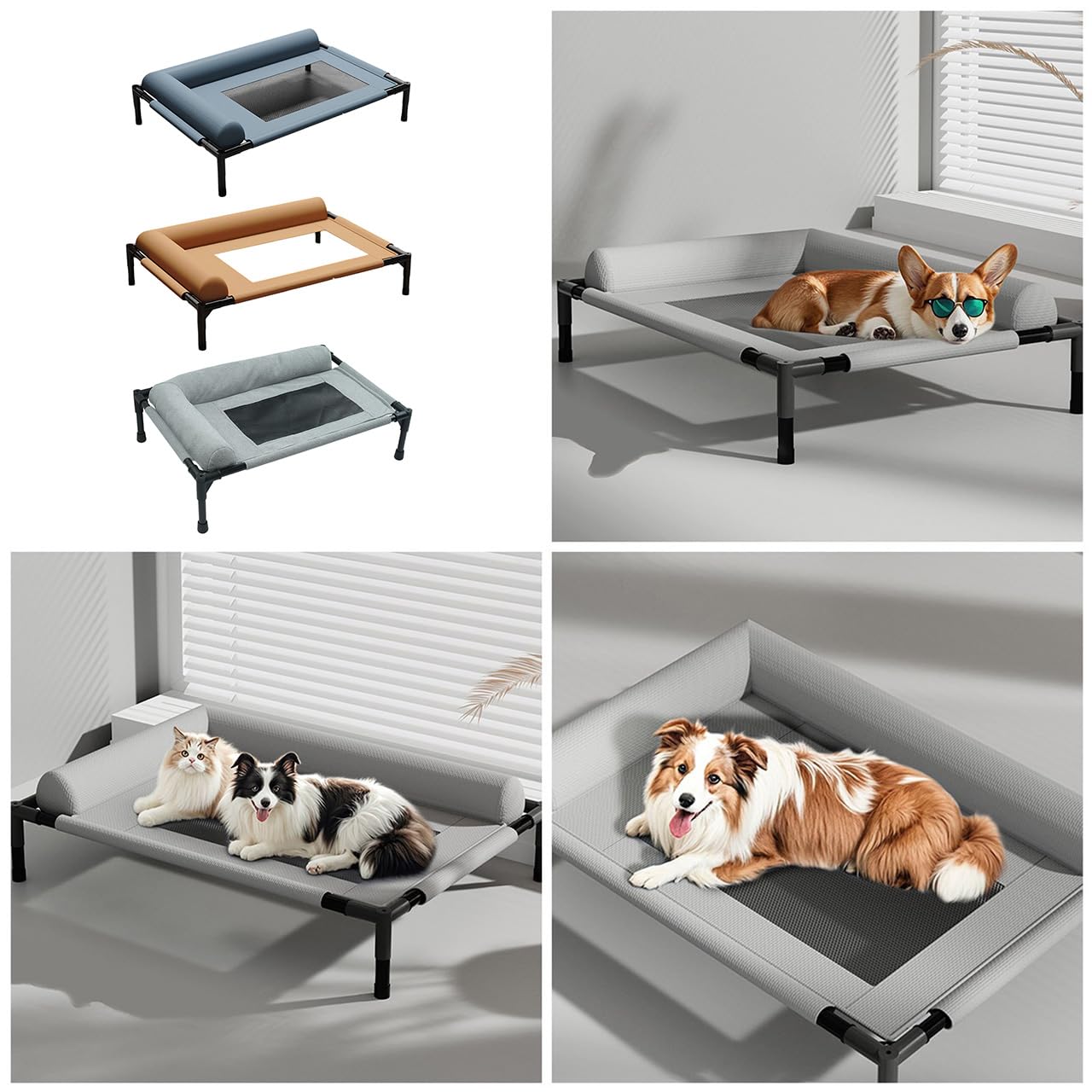 Cuccia per animali domestici, rialzata con rete traspirante e cuscino, design resistente alla masticazione, lavabile, per cani di piccola e media taglia