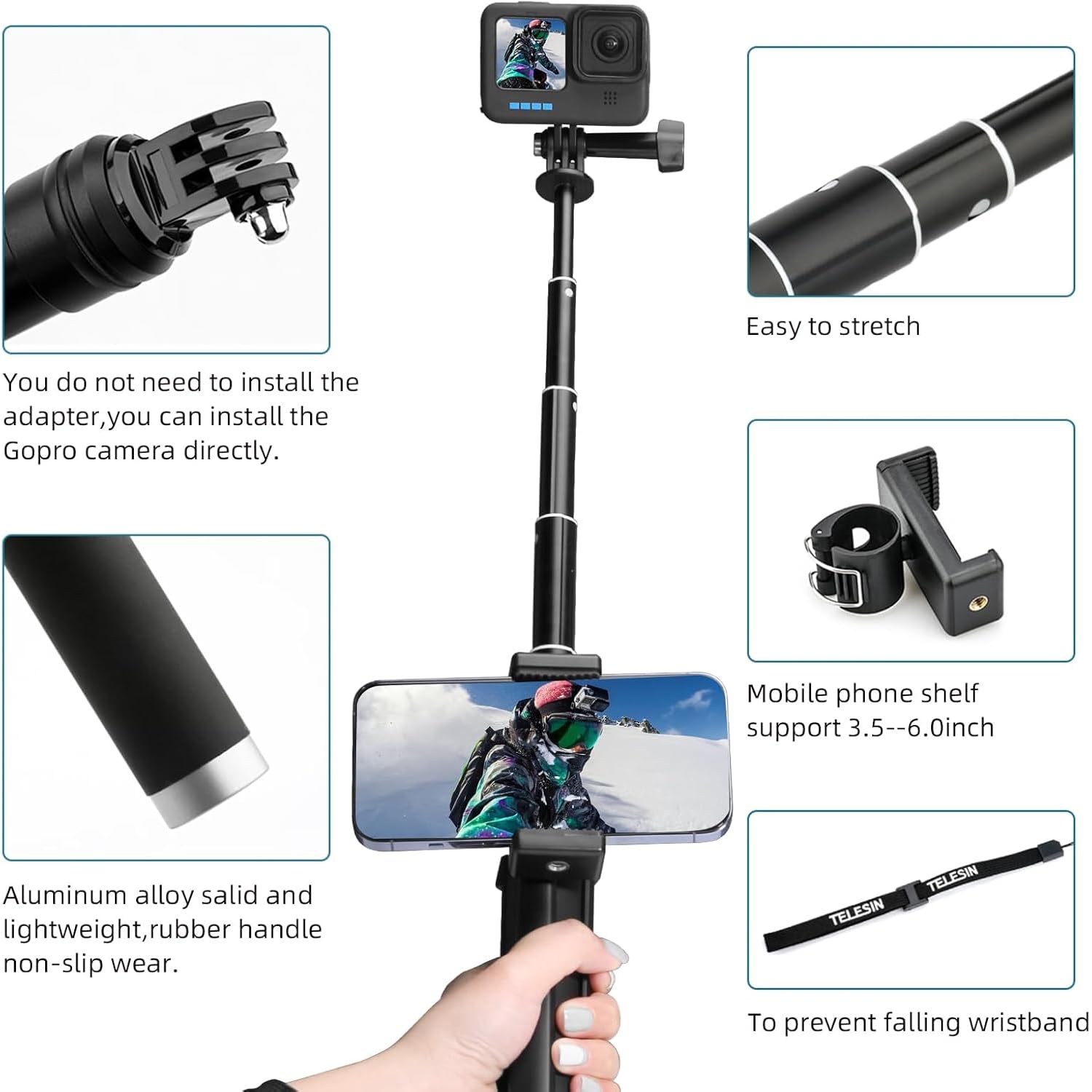Perche Selfie Trépied GoPro AuyKoo Avec Télécommande Bluetooth - Extensible Vlog