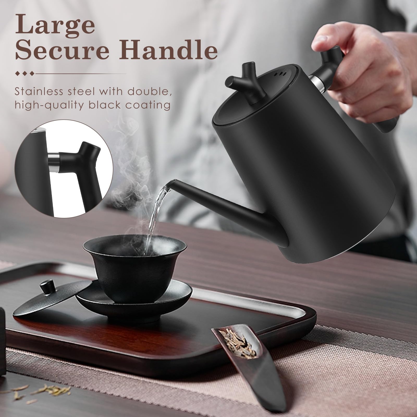 Teekanne Edelstahl mit Siebeinsatz, 1.5L Schwarzer Teekanne mit Hitzebeständigem Griff für Obstkräuter und Infusionstee, Doppelwandig isolierte Edelstahl teekanne Für Tee Kaffee (1)