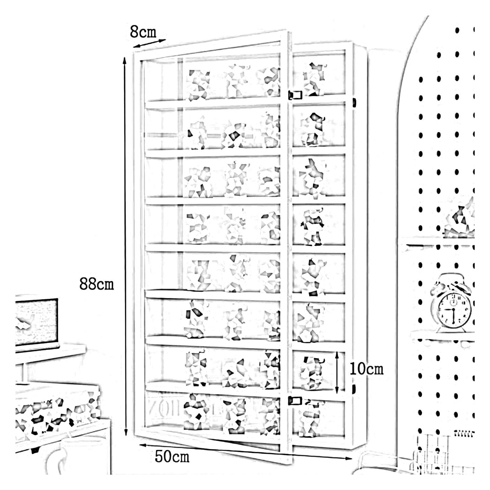 Organizer in acrilico da parete, vetrina per oggetti da collezione, modellini di auto e giocattoli, con ante in acrilico, per soggiorno, camera da letto, studio (nero, 50 x 8 x 88 cm)