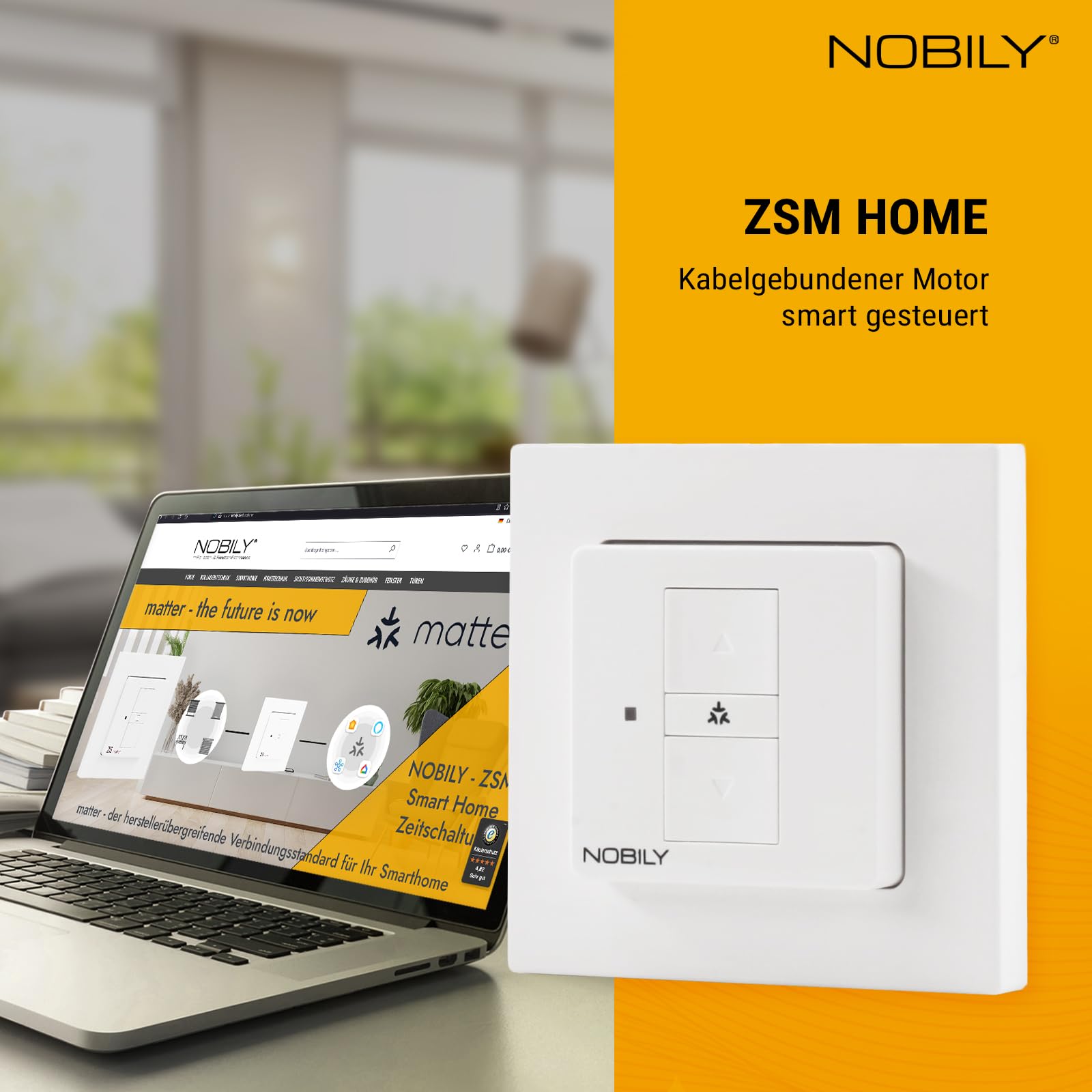 Nobily Matter Rolladenschalter ZSM Home Smart Home Rolladensteuerung (50x50mm), Sprachsteuerung, kompatibel und steuerbar mit Apple HomeKit, Alexa und Google Home - Made in Germany