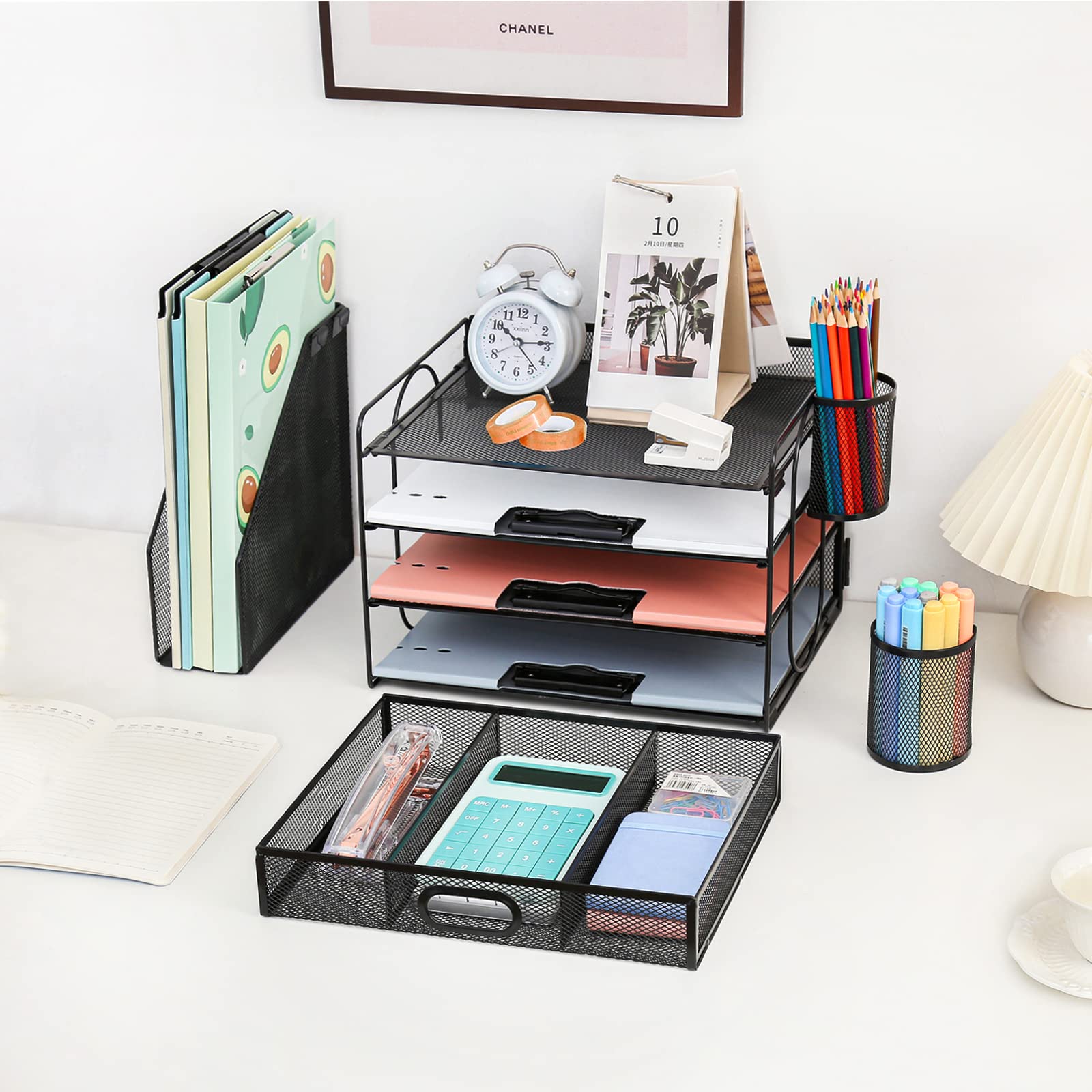 Schreibtisch Organizer mit Aktenhalter, 4 Ebenen Papier Briefablage mit Schublade und 2 Stifthalter, Netz Schreibtisch Ablagefächer Organiser mit Zeitschriftenhalter für Bürobedarf Dokumentenablage