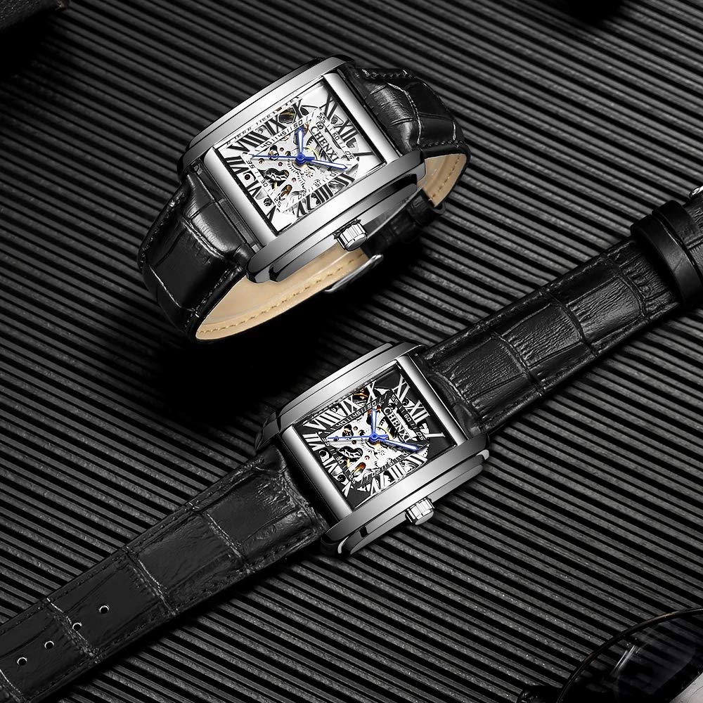 MASTOP Reloj de pulsera analógico para hombre, de piel, impermeable, con diseño de esqueleto Tourbillon