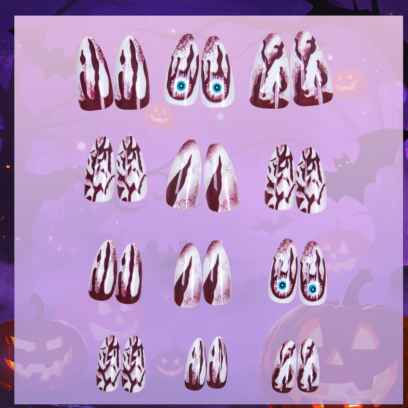 Muswarm Halloween Press on Nails, Medium Size Pointed Short Almond Fake Nailkit, 24pc 3D Skull and White Bone Nail, Halloween Decorations, with Tools: Halloween-02