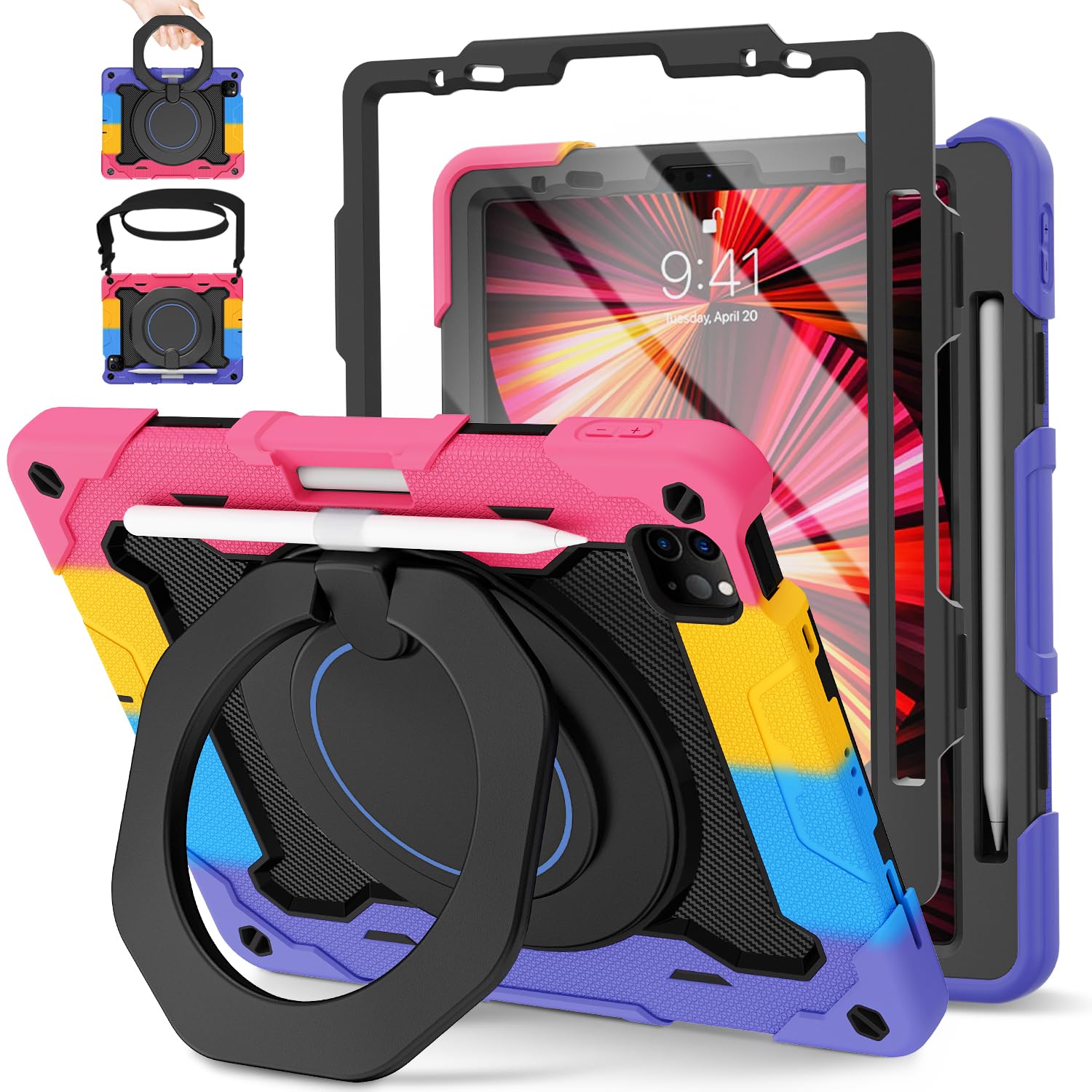 ROISKIN Kinder Hülle für iPad Pro 11 Zoll 4th 3rd 2nd 1st Generation (2022 2021 2020 2018),Stoßfeste iPad Air 5/4 Hülle mit Displayschutz&Drehbarer Ständer&Schultergurt&Stifthalter,Schwarz-Rosa