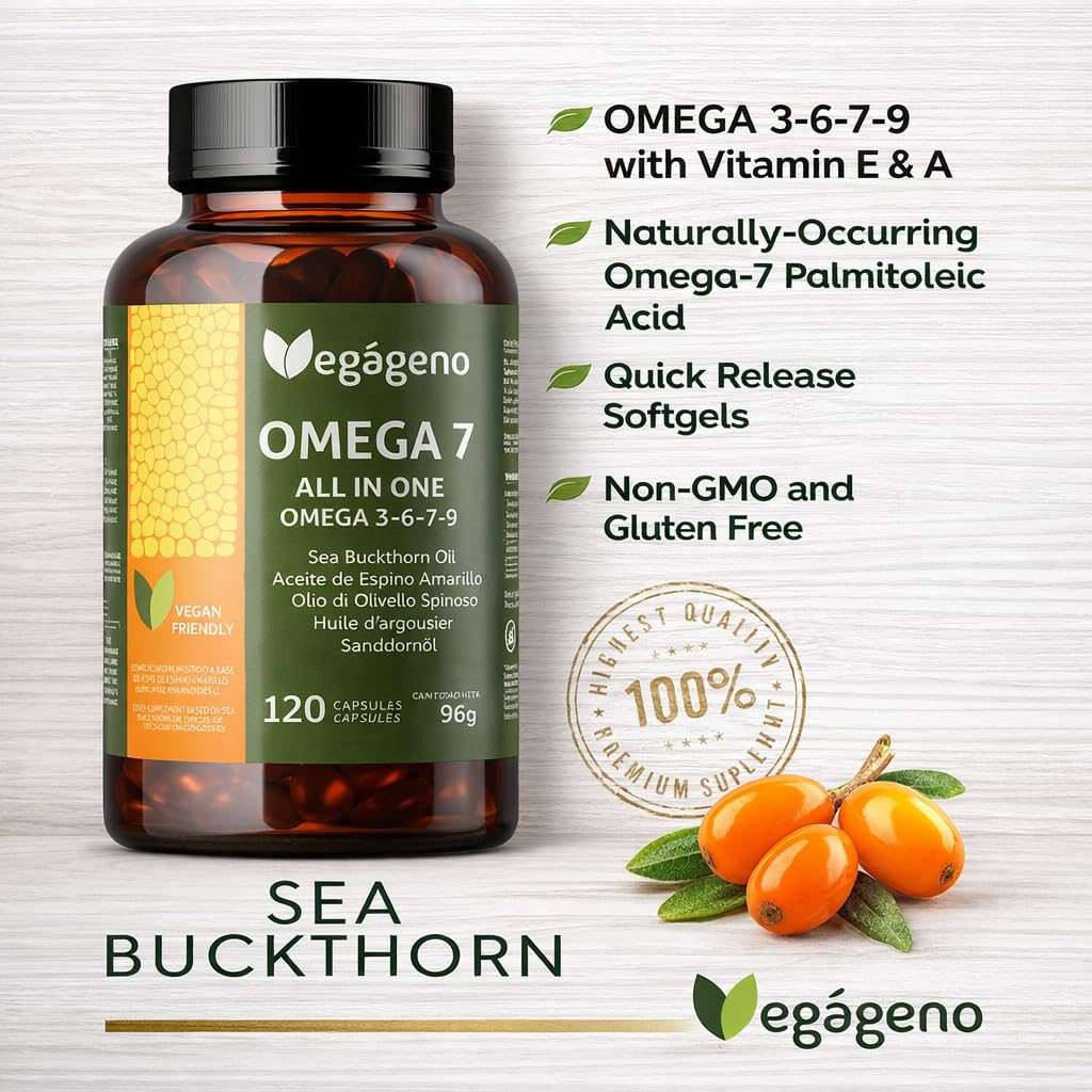 OMEGA 7 ALL IN ONE - Aceite de Espino Amarillo, Omega 3 6 7 9, Vitamina E Natural, 120 Cápsulas Veganas, No GMO, Sin Gluten, VEGAGENO