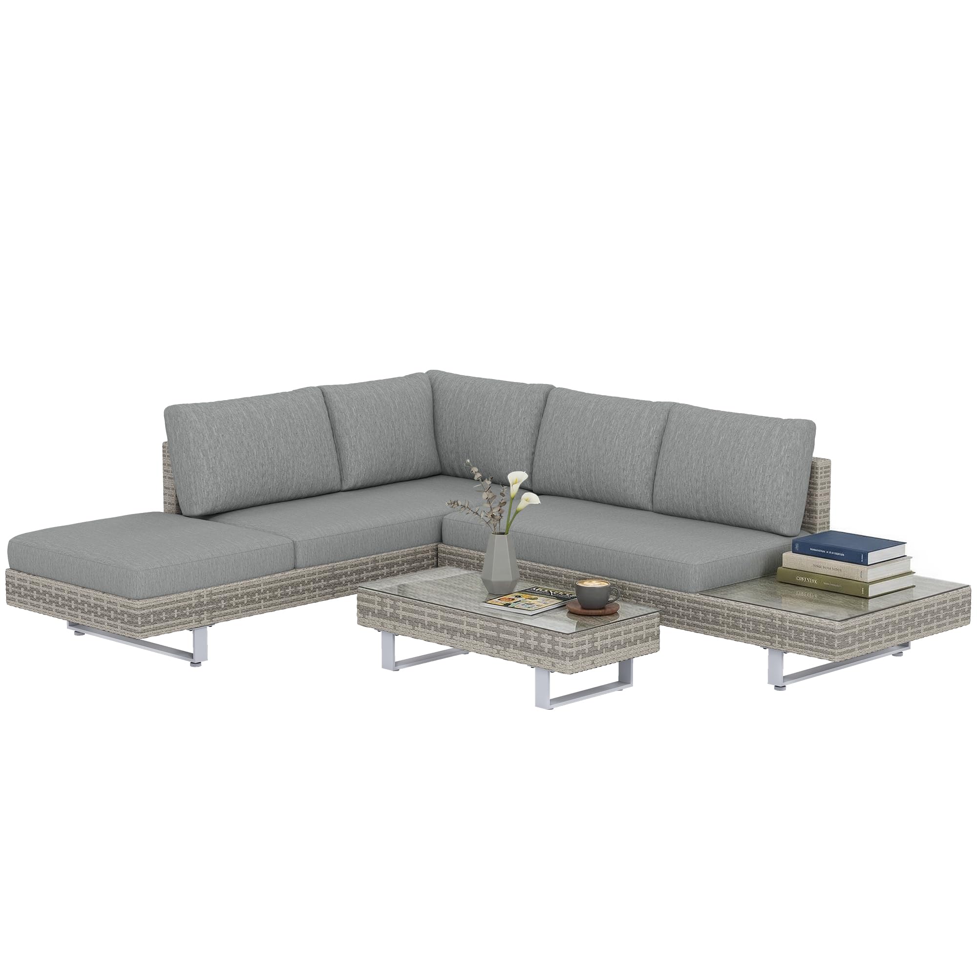 Outsunny Conjunto de Muebles Ratán de 3 Piezas Mesa de Centro Sofá Doble y Sofá de 3 Plazas con Cojines Extraíbles para Exterior Jardín Terraza Patio Acero Gris