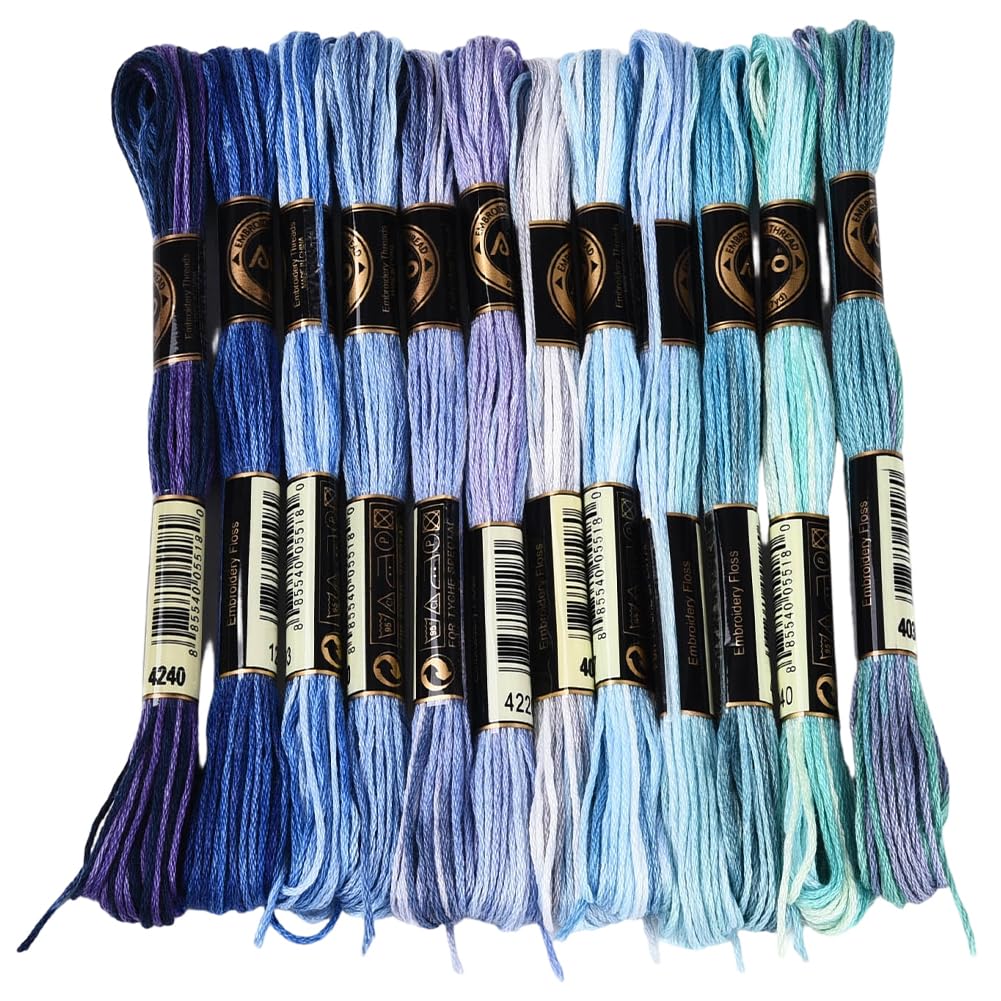 CABODYALS 12 Skeins 96M Blue Embroidery Thread Variegated Cross Stitch Floss Bulk 6 Ply Polyester Yarn Colourful Friendship Bracelet String for Sewing Making Needlecraft Knitting Stitching Diy Craft