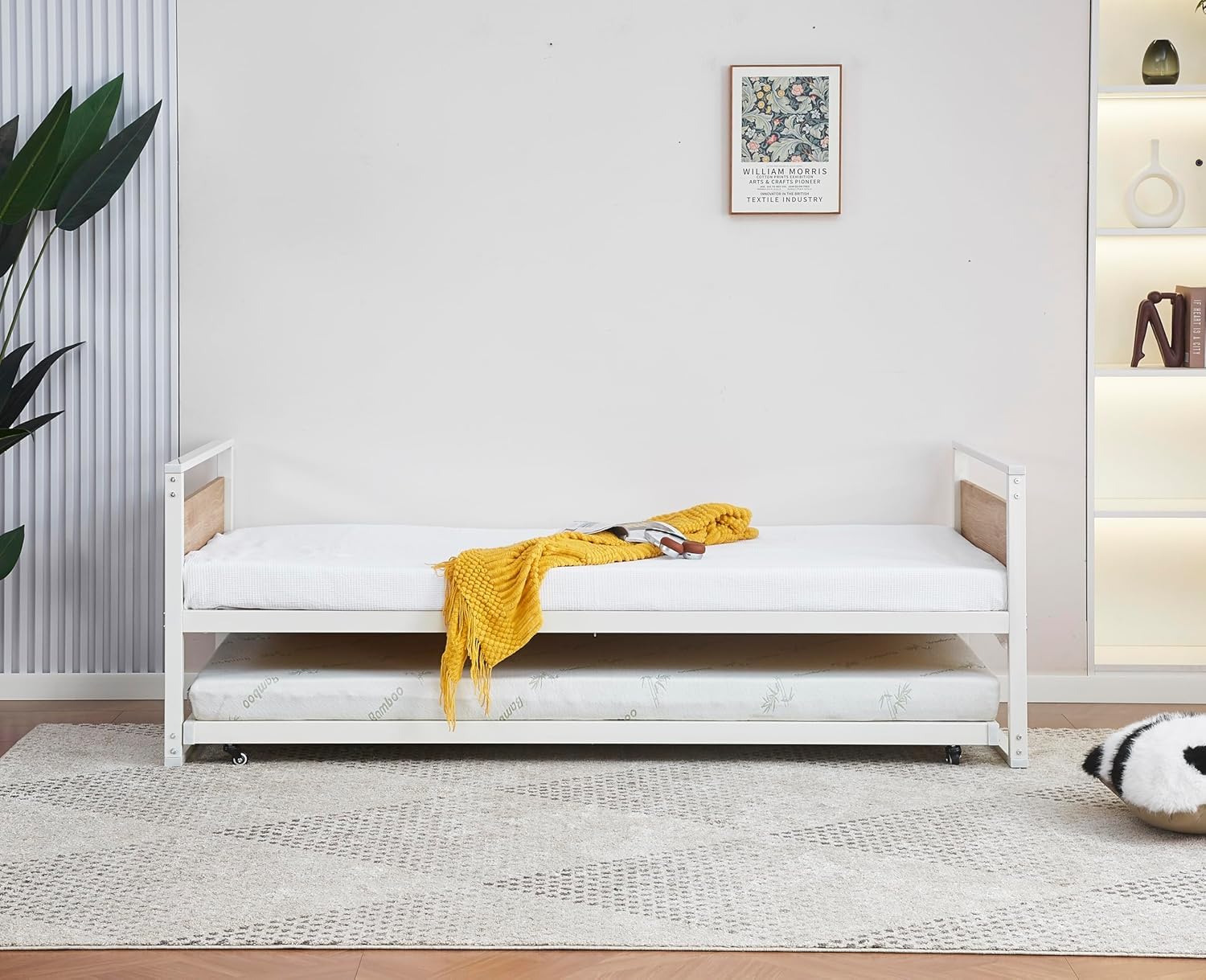 Cama Nido Metálica 90x190 Blanco Madera Natural Estructura con Cabecero y Piecero