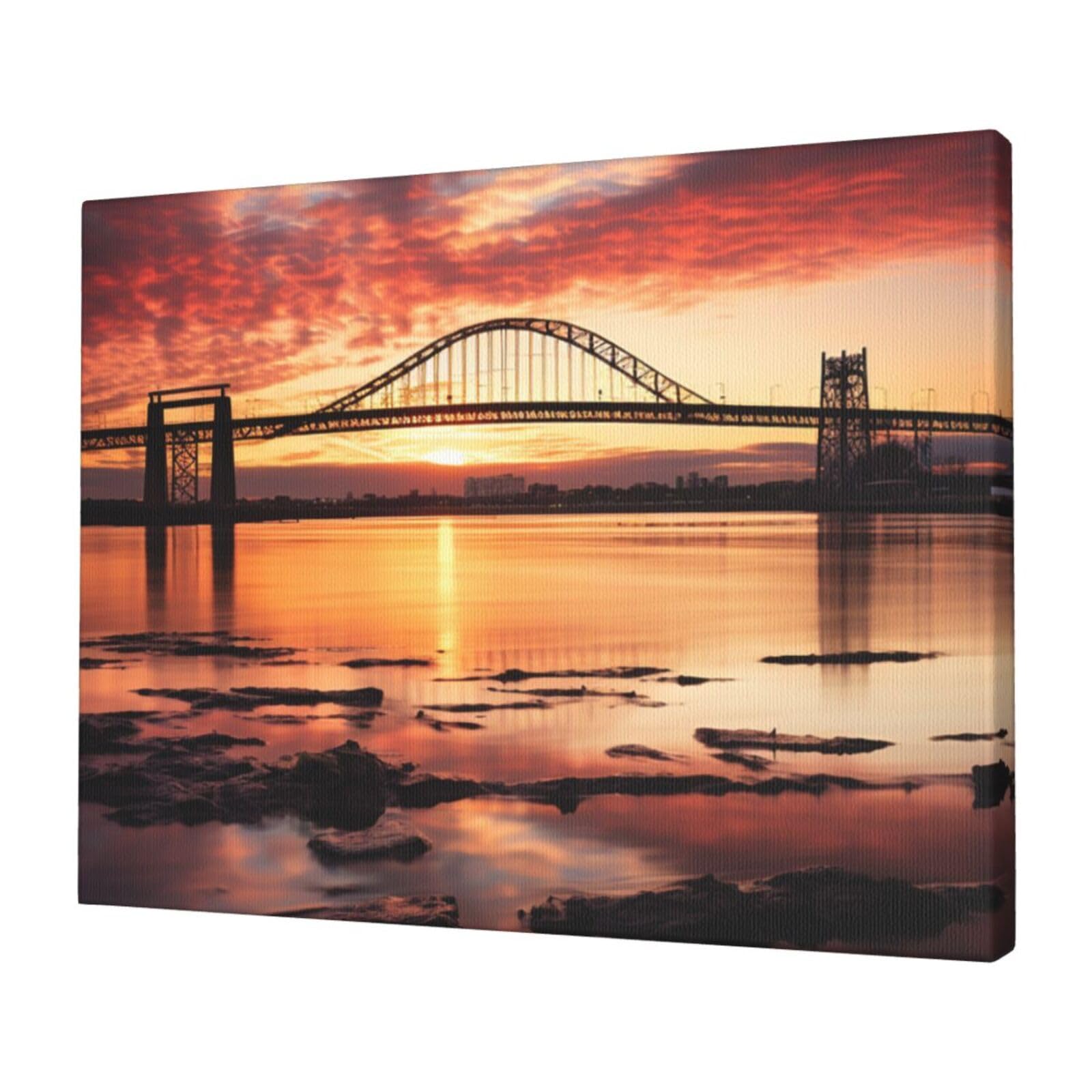Canvas Wall Art for Living Room Wall Decor 12"x16" Modern Artwork Painting Pictures Hanging Canvas Prints Newark Bay Bridge and Sunset Aesthetic Wall Art for Bedroom Bathroom Office Wallart Decor