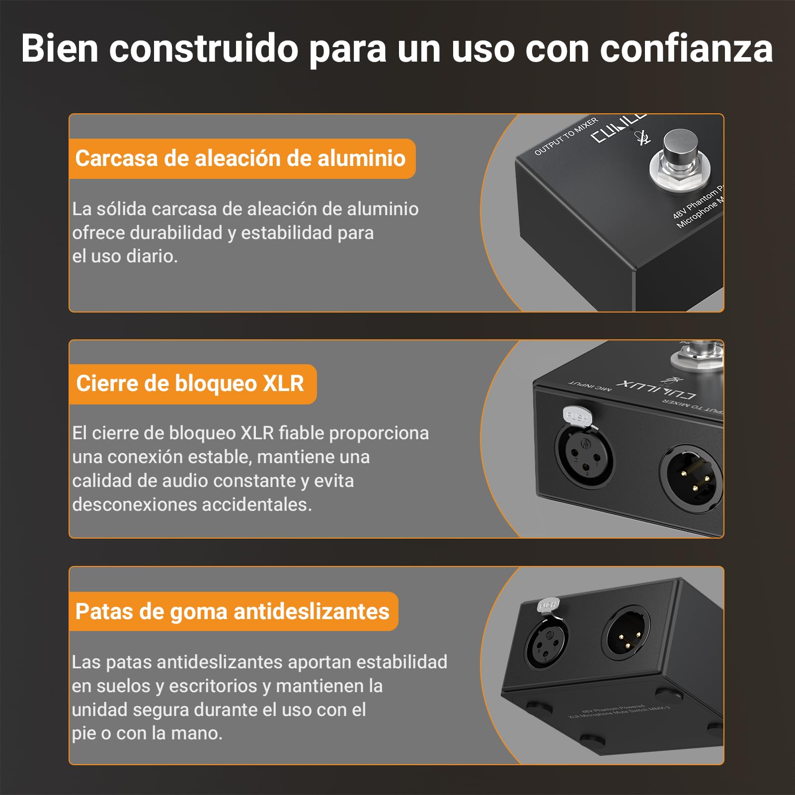Cubilux MMX-3 Interruptor Mute XLR de Pedal para micrófono de Condensador 48V, Control Mano/pie, Carcasa de Aluminio, Switch in-Line Mic on/Off para Estudio, Streaming, Broadcast y Escenario