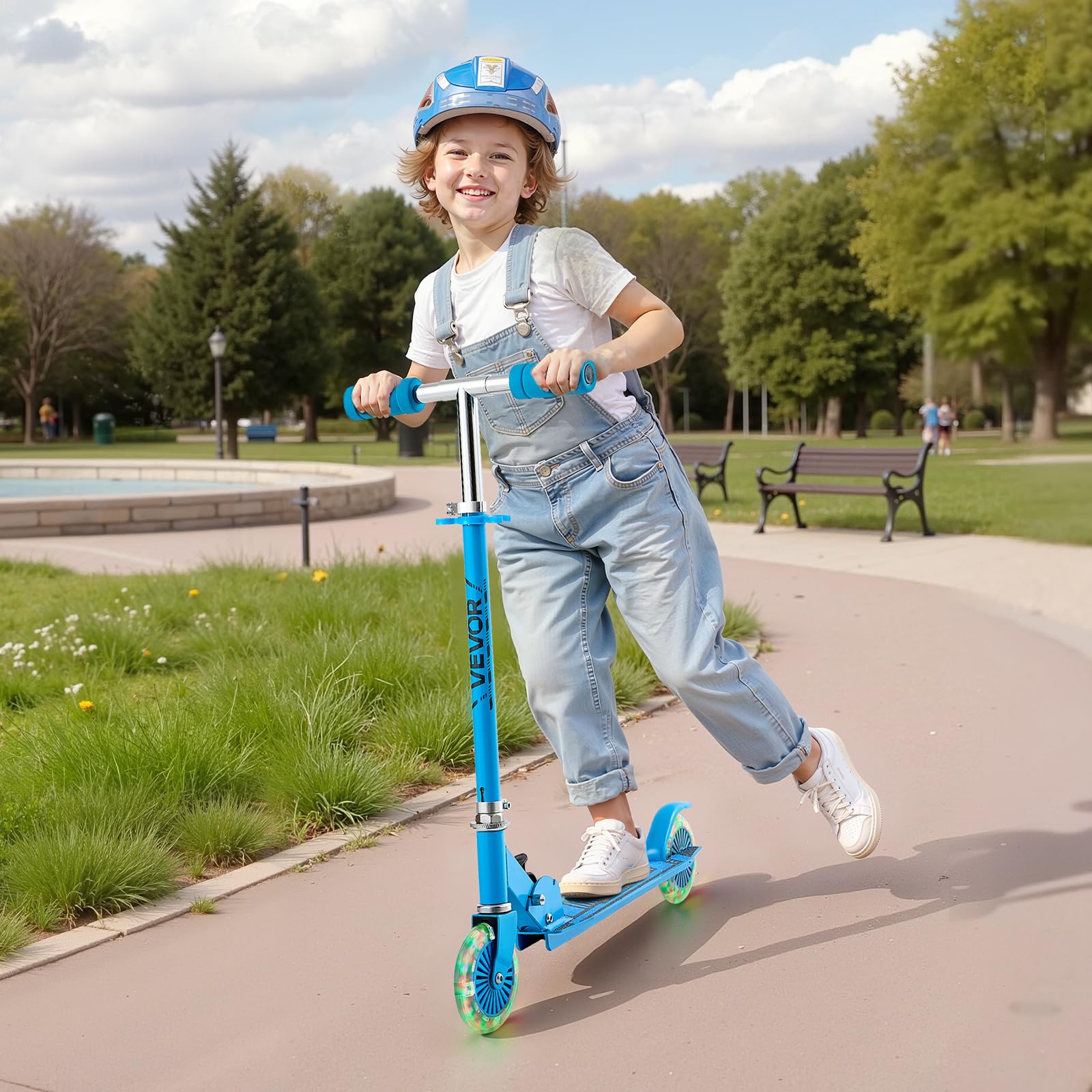 VEVOR Trottinette pour Enfants à partir de 3 Ans, patinette à 2 Roues Lumineuses, Guidon réglable en Hauteur, Large Plateau antidérapant, Cadre léger et Pliable pour garçons et Filles à 50 kg, Bleu