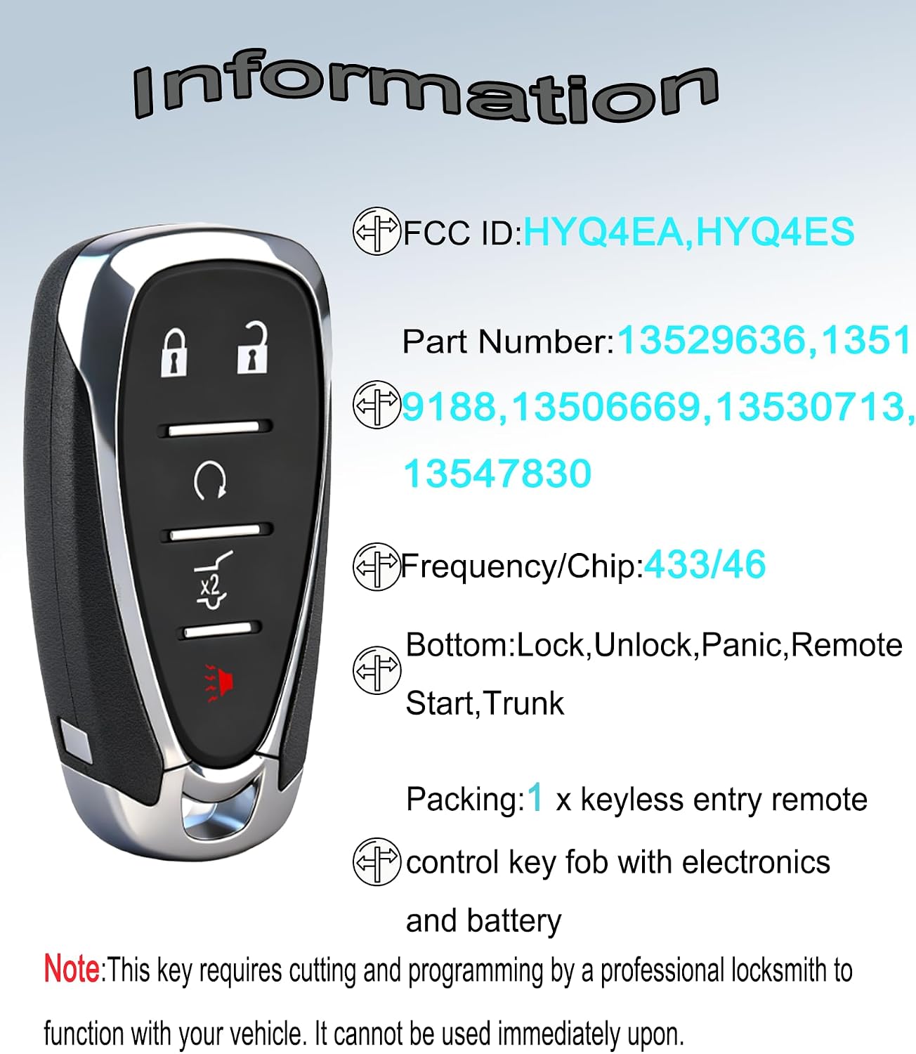 Smart Key for Chevrolet Traverse 2018-2024, YIKEBALOG Keyless Entry Proximity Remote Control Key Fob Compatible with Chevrolet Blazer 2019-2024 HYQ4EA/HYQ4ES 13506669 433MHz