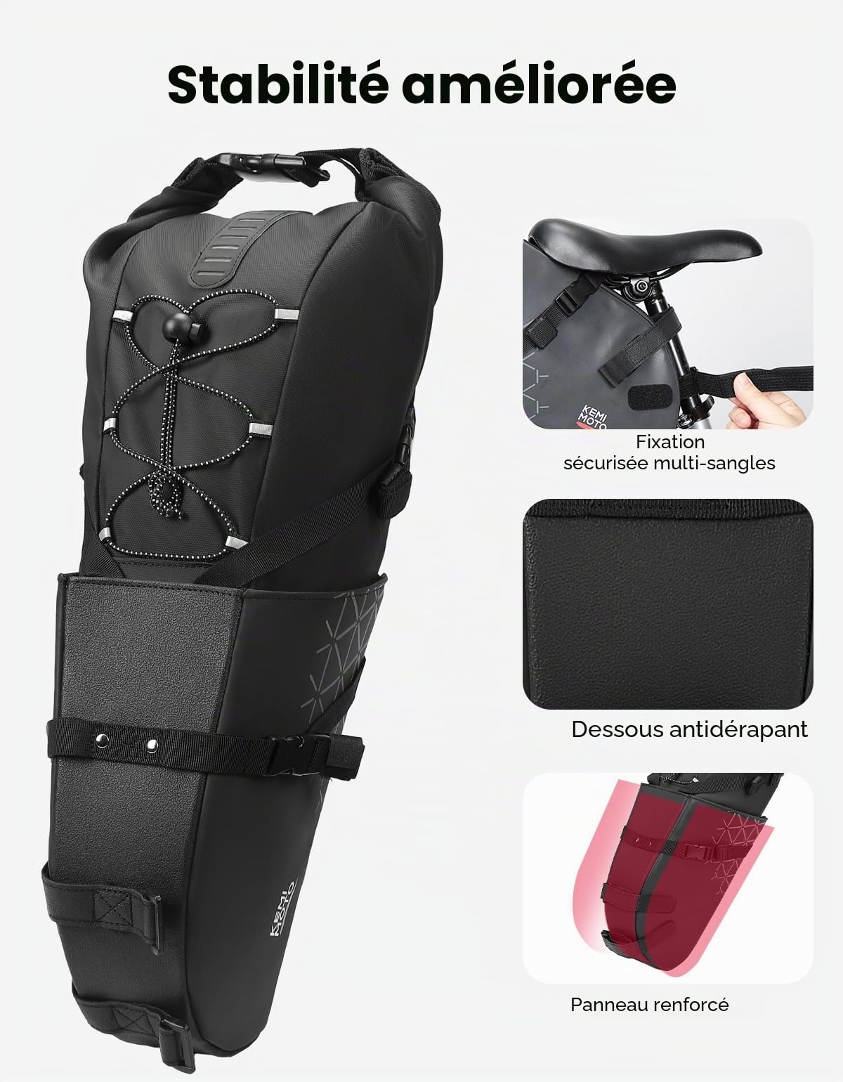 KEMIMOTO Sacoche de Selle Vélo Etanche, 13L Sac de Selle Velo Amovible avec Réfléchissant, Sacoche de Arrière pour Vélo Route de VTT BMX MTB