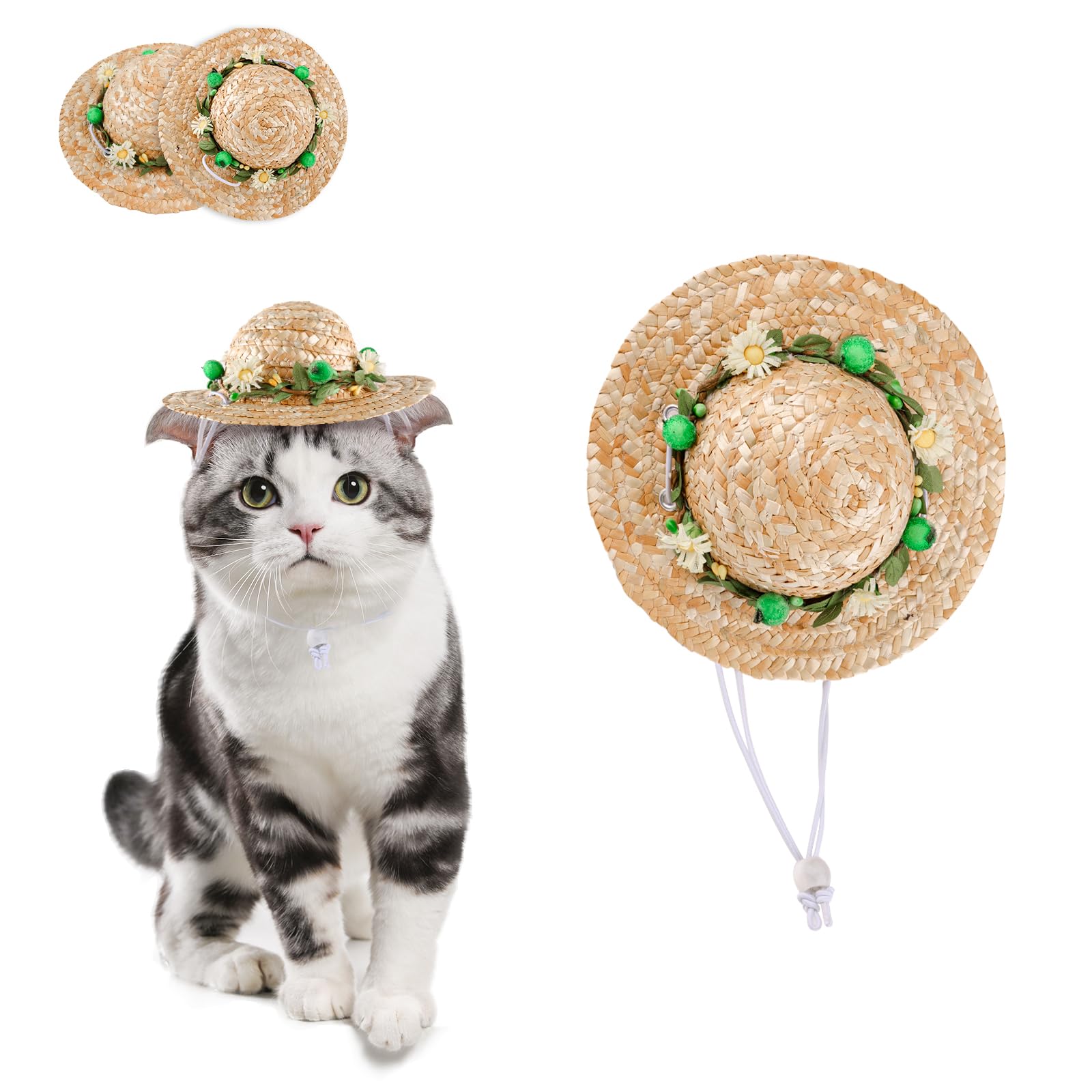 DELIFUR Dog Straw Sombrero Hat Pet Sun Cap with Flowers Birthday Party Hat for Small Puppy Cat (S, Green Daisy)
