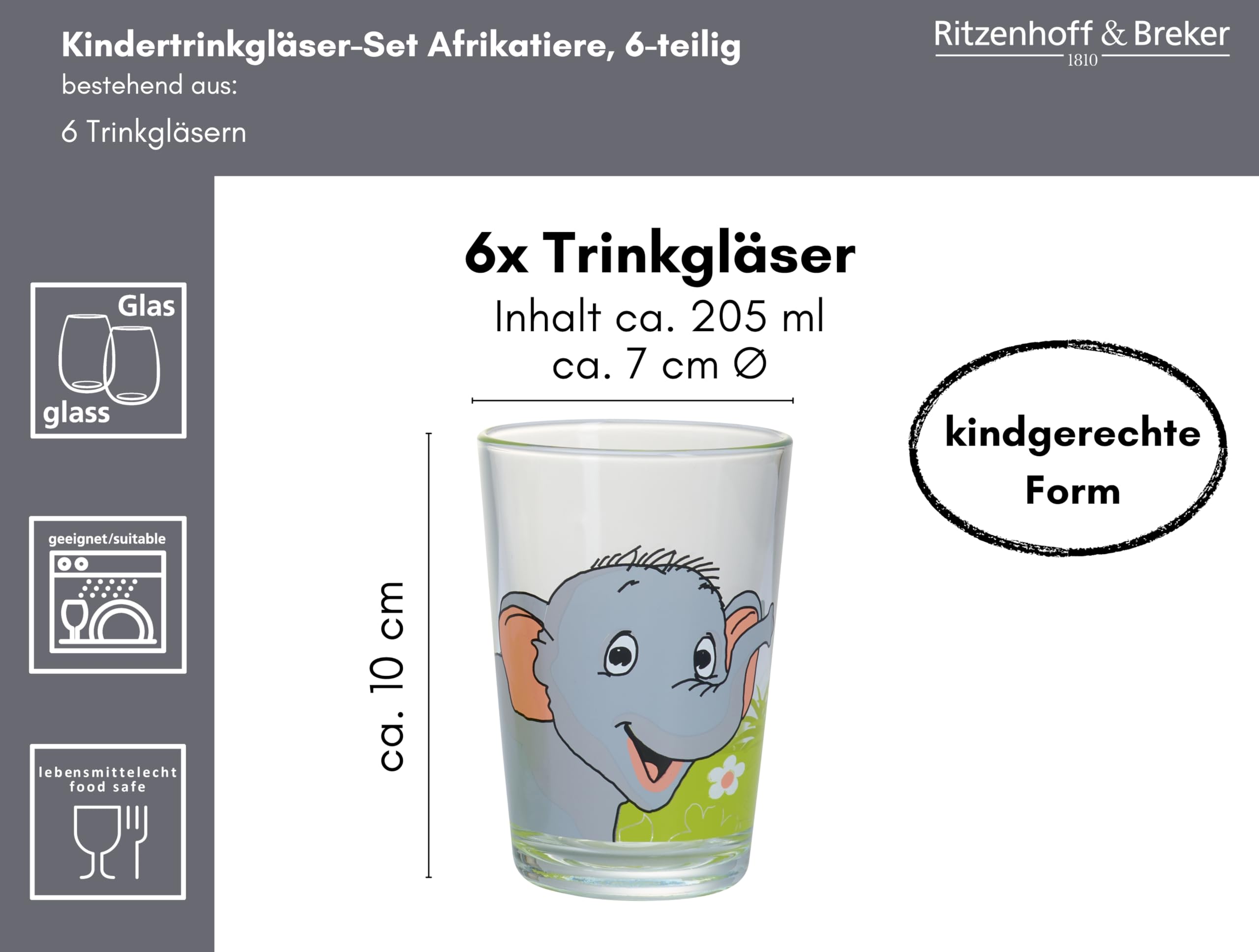 Ritzenhoff & Breker Lot de 6 verres pour enfant, motif animaux africains
