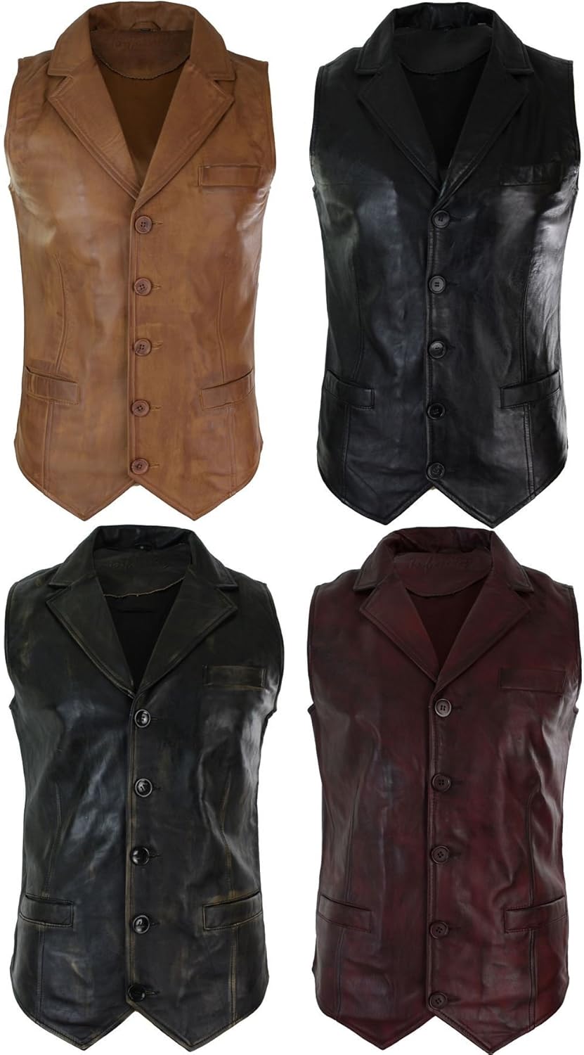 Infinity Mens Real Leather Tan Brown Black Burgundy Smart Casual Gilet Waistcoat Vintage Retro