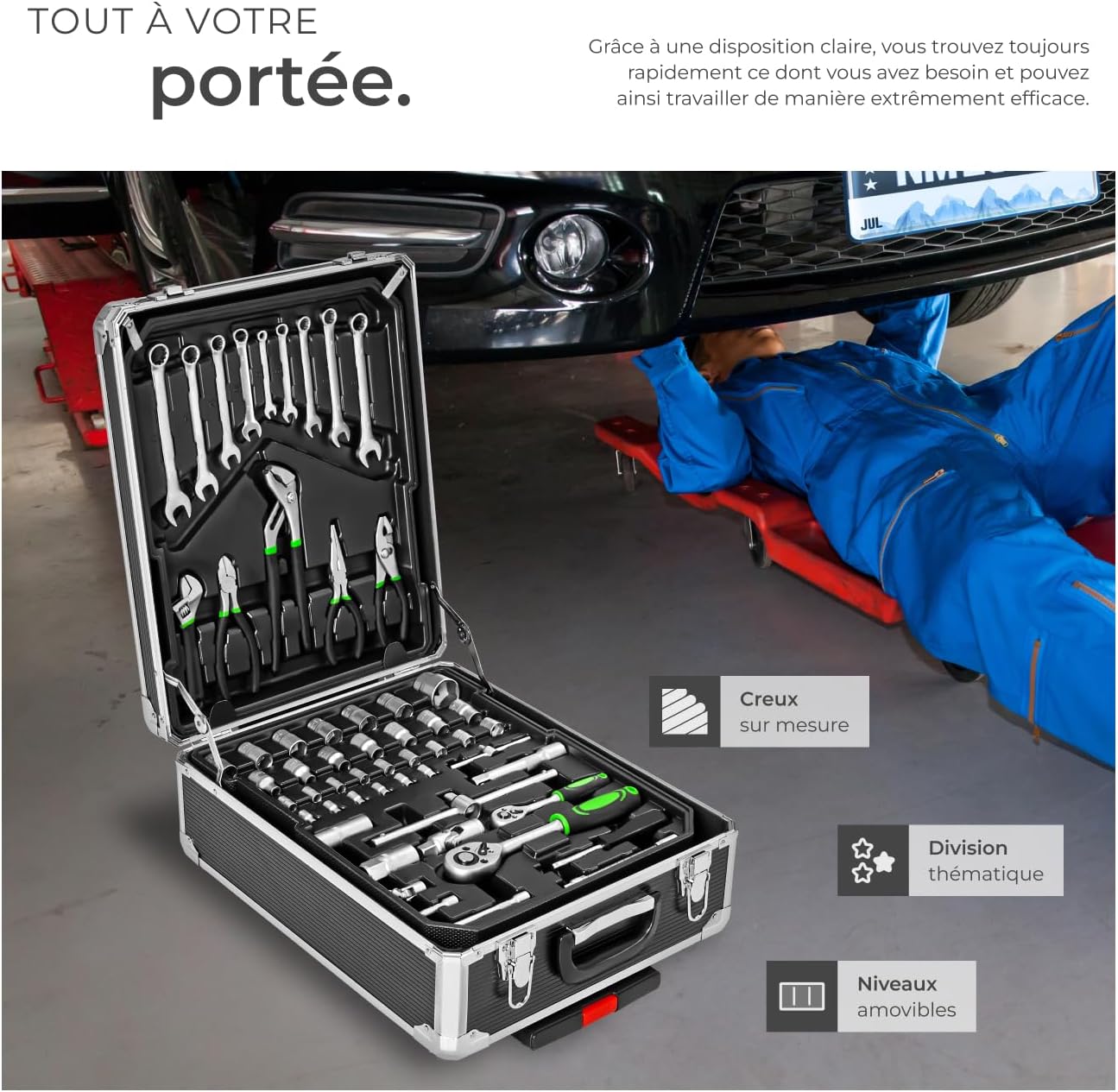 tectake Caisse à outils sur roulettes Servante d'atelier complète avec outils 1200 pièces - Rangement atelier Outillage à main Bricolage Embout visseuse Kit tournevis — vue 5