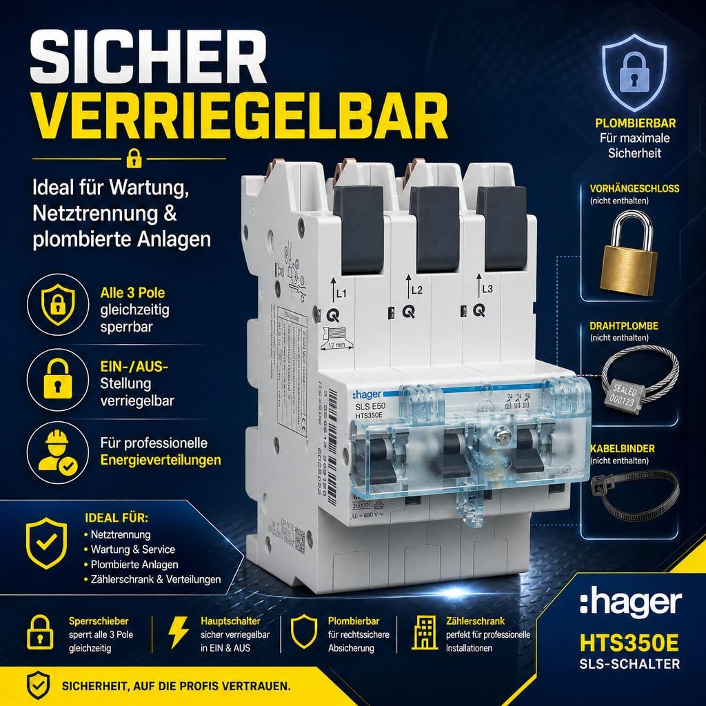 Hager HTS350E SLS-Schalter 50A 3-polig selektiver Hauptsicherungsautomat SHU mit Stecktechnik, Hauptleitungsschutzschalter für Zählerschrank Sammelschiene 400V 25kA