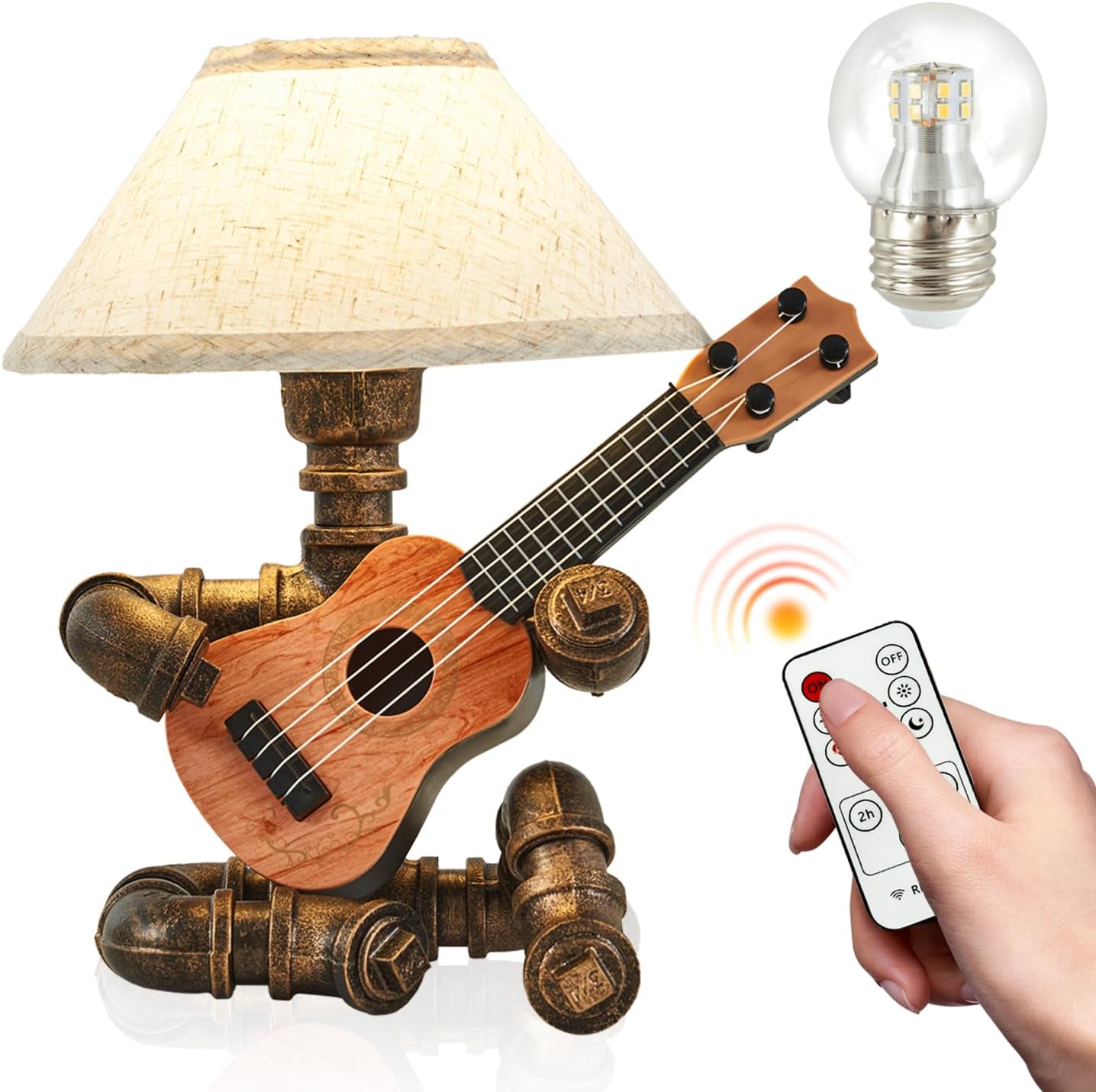 Vintage Industrial Robot Guitar Table Lamp with Bulb - Remote Control,Timer,Dimmable - Cool Gifts for Music Lovers,Men,& Musicians - Steampunk & Retro Style Bronze