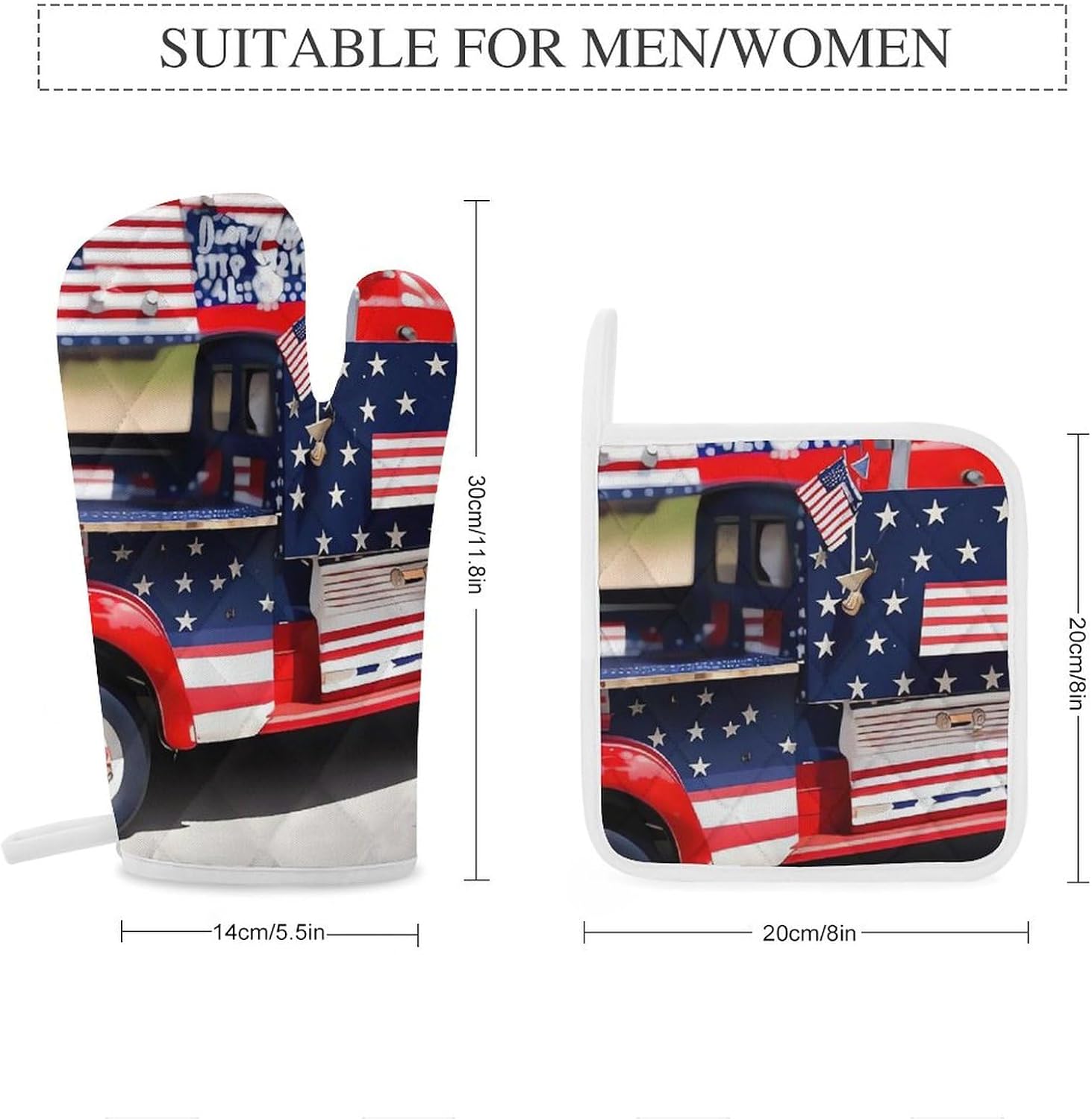 Oven Mitts Pot Holders Kitchen 4th of July Patriotic Truck Heat Resistant Oven Glove for Baking and Cooking
