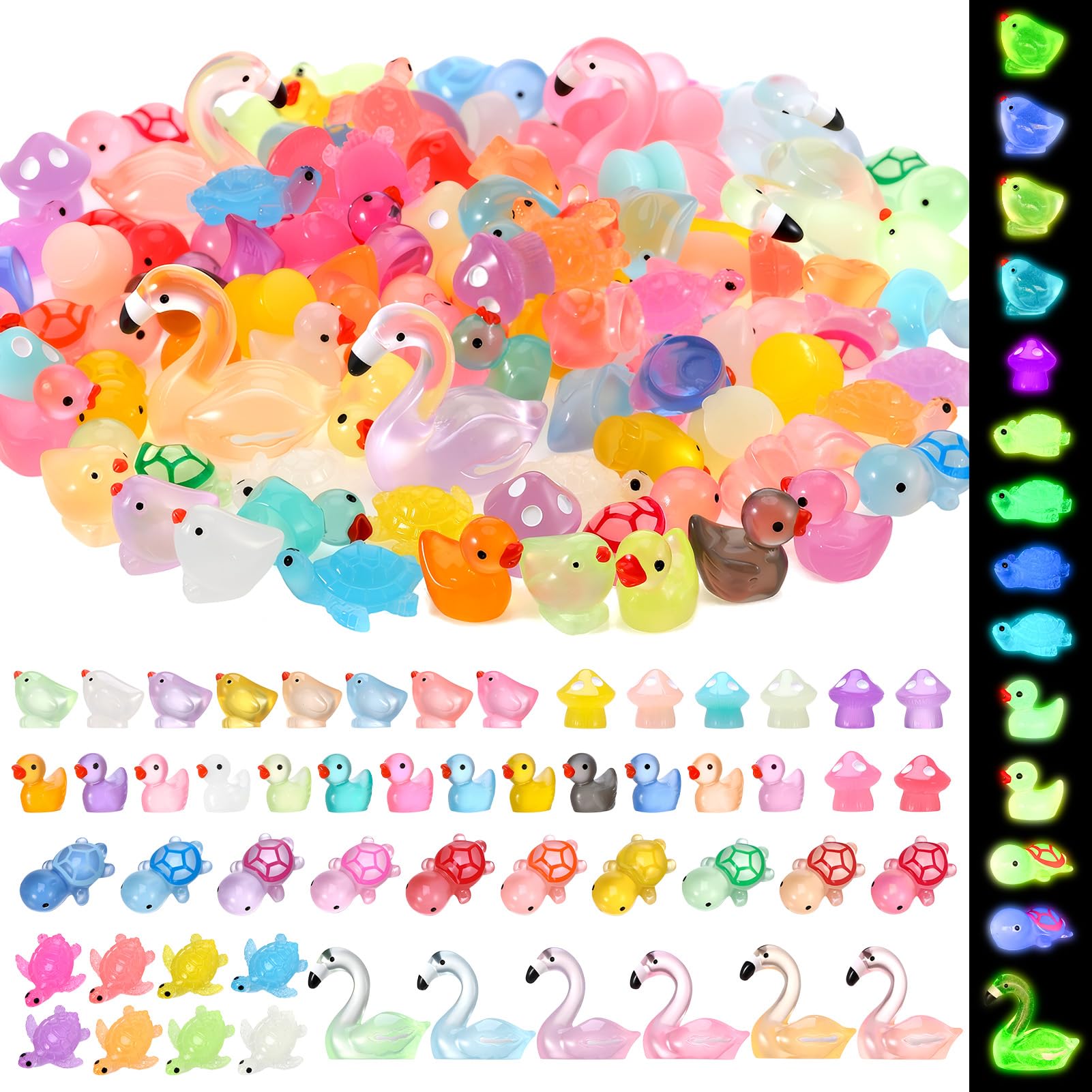 GSrenyu 100 Pcs Mini Resin Animals Luminous 6 Styles Miniature Figures Ducks, Turtles, Flamingos, Mushrooms