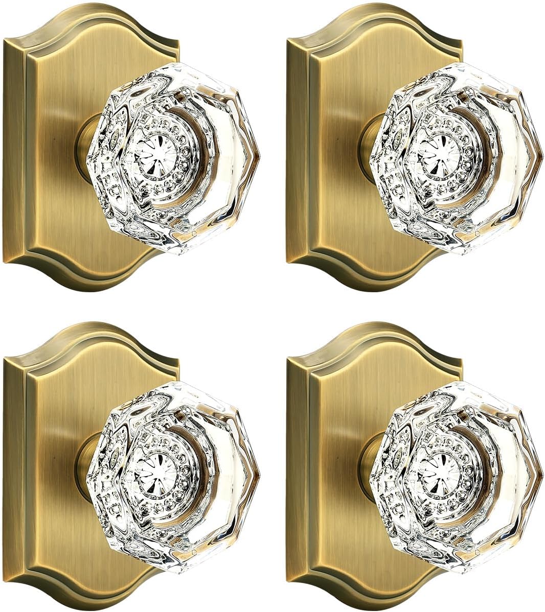 Gobrico Antique Brass Dummy Crystal Door Knob, Single Side No-Turning Glass Door Handles, 4 Pack Inactive Diamond Octagonal Knob Set