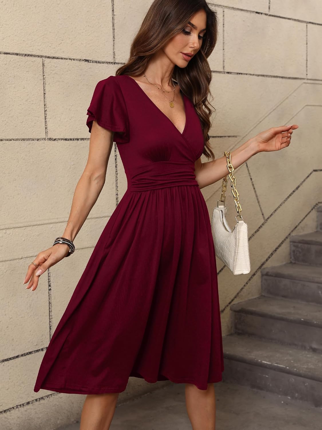 Women's Spring Casual Ruffle Short Sleeve Wrap V-Neck A-Line Loose Fit Swing Party Work Midi Dress with Pockets - Image 4