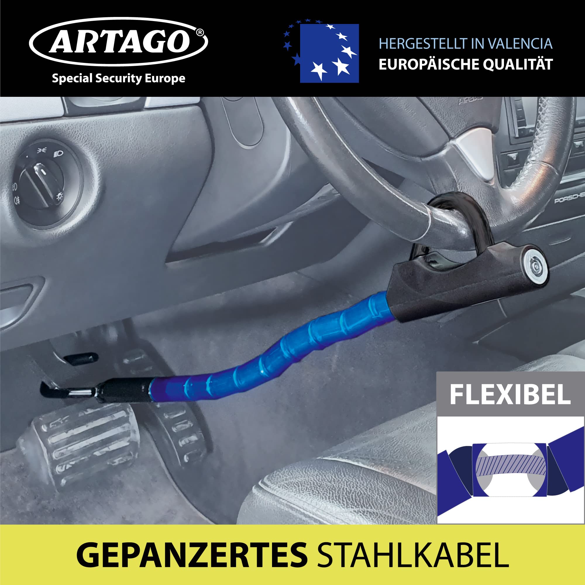 Artago 880/B Lenkradschloss Pedal EASY HOOK, Lenkradkralle, Diebstahlsicherung Lenkrad Pedal Auto, Gelenkig und Gepanzert