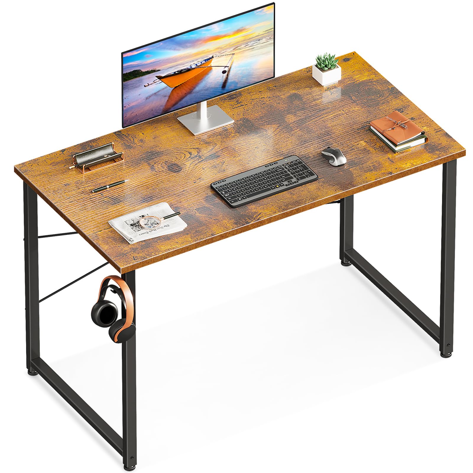 Casaottima 40 Inch Small Computer Desk for Home Office, Study Writing Table for Small Spaces, Simple Modern Desk with Headphone Hooks, Rustic Brown