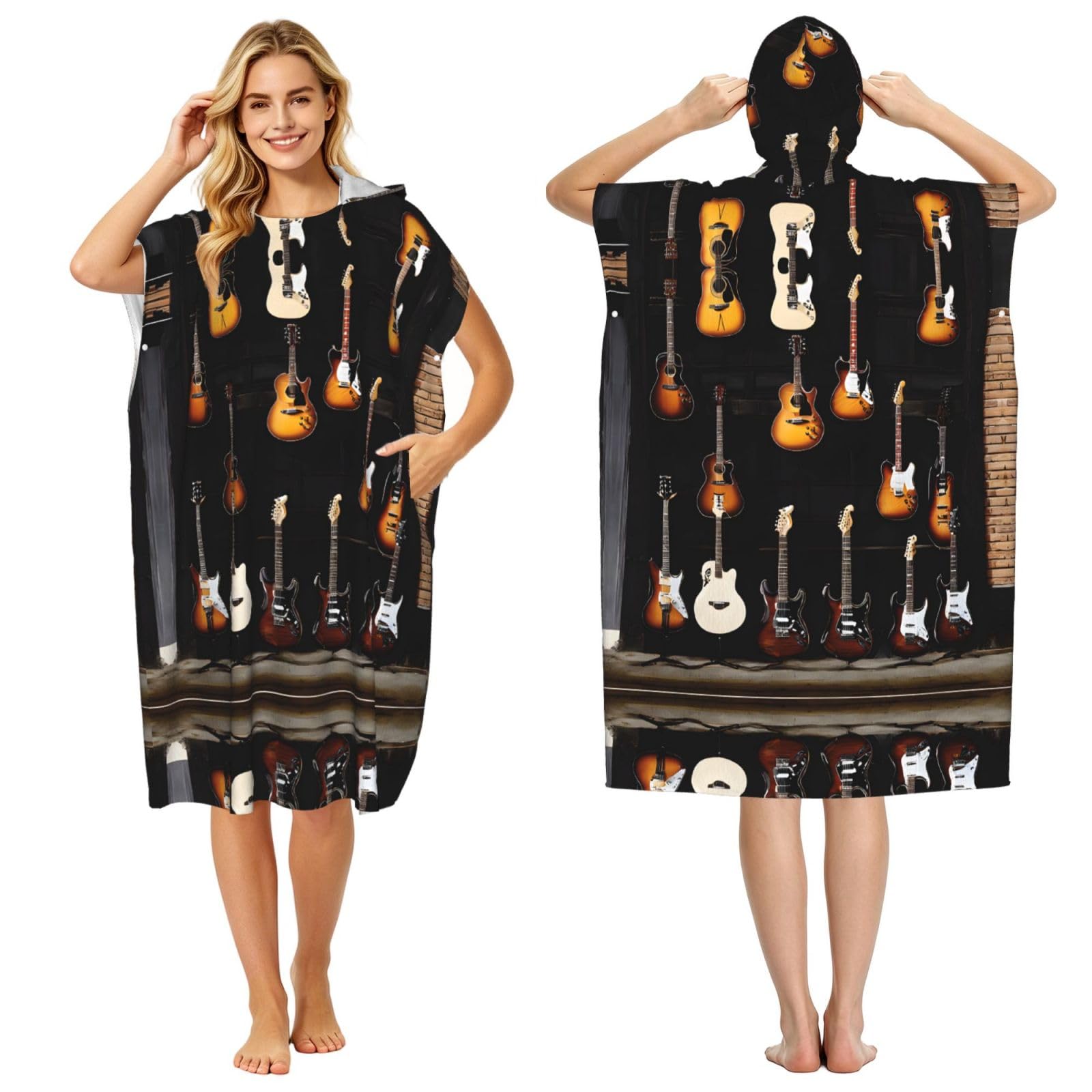 Peignoir à capuche guitares piscine plage poncho éponge léger homme femme